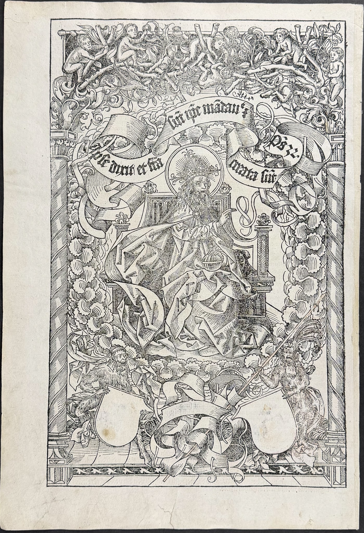 Schedel, pub. 1493 - God, the Father, Enthrone (illustrated by Michael Wolgemut): This important and historic engraving is from Hartmann Schedel Liber Chronicarum, more commonly known as the Nuremberg Chronicle (in German: Das Buch der Croniken und Geschichten. This is from the fir