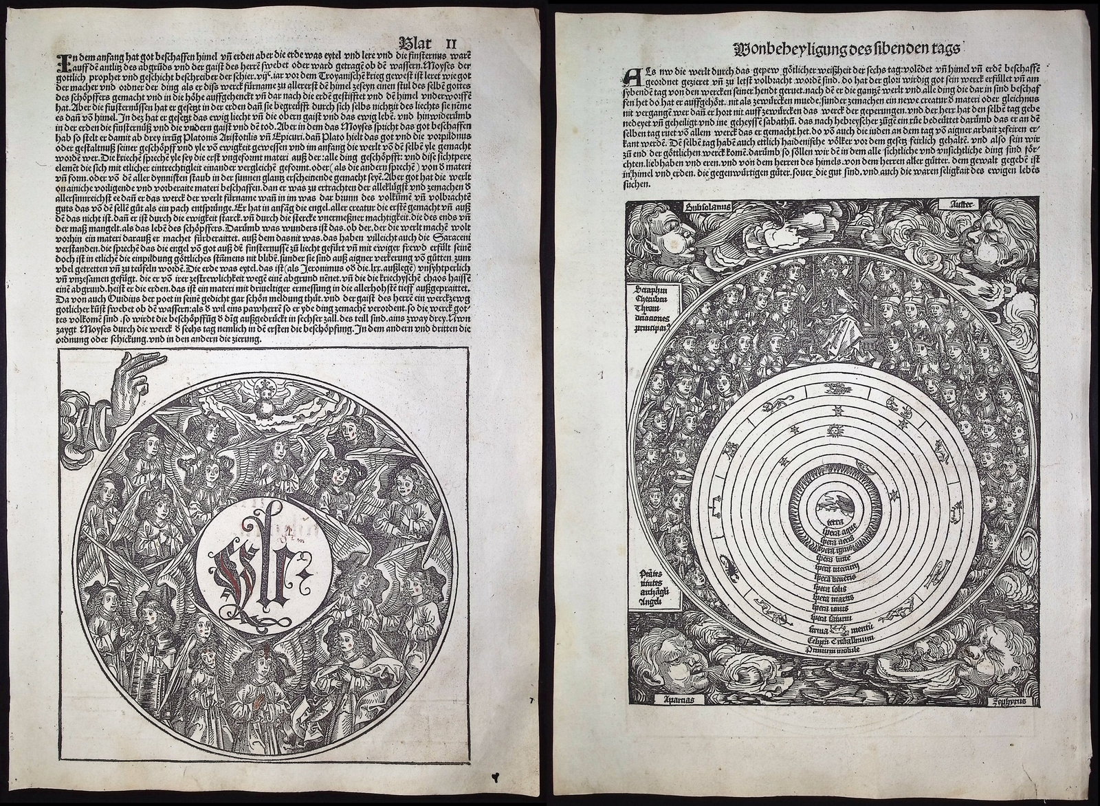 Schedel, pub. 1493 - God Creating the Universe on 4 Pages: About the Engravings: This listing includes all 7 of the engravings printed to 4 pages representing the 7 days of the creation of the universe from the Book of Genesis. It's one of the most beautiful