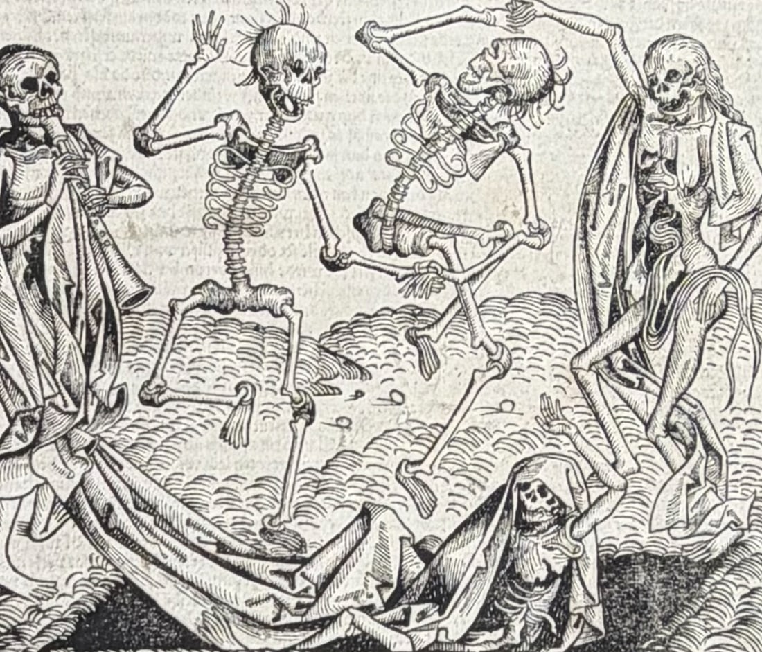 Schedel, pub. 1493 - Dance of Death (Danse Macabre) (Imago mortis): This important and historic engraving is from Hartmann Schedel Liber Chronicarum, more commonly known as the Nuremberg Chronicle (in German: Das Buch der Croniken und Geschichten. This is from the