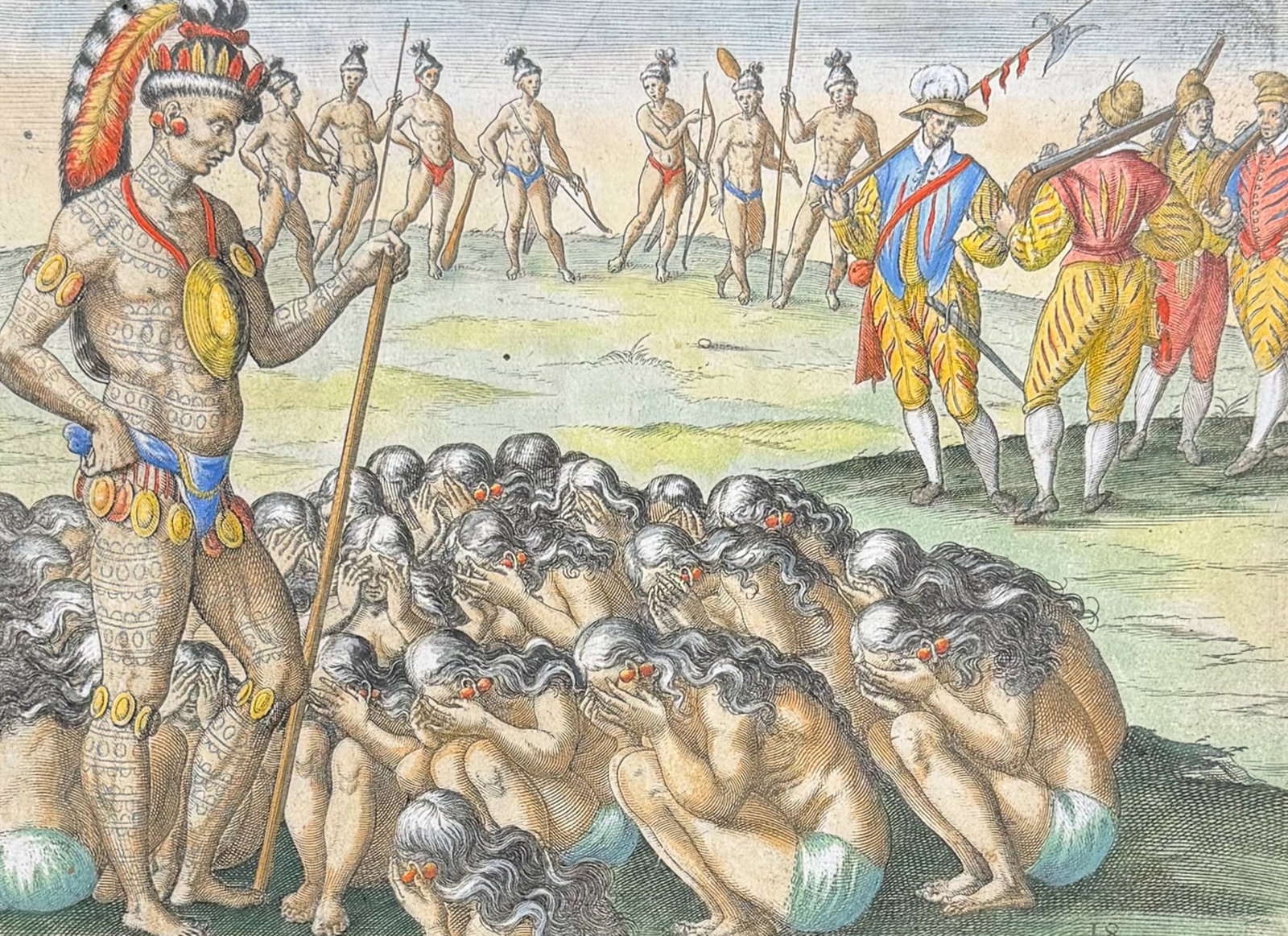 De Bry - Florida - The chief applied to by woman whose husbands have died in war or disease: This significant, historic engraving is from Theodor de Bry & Jacques Le Moyne's Der ander Theyl de Newlich erfundenen Landtschafft Americae . . . in Floridam or Brevis Narratio eorum quae in florida 