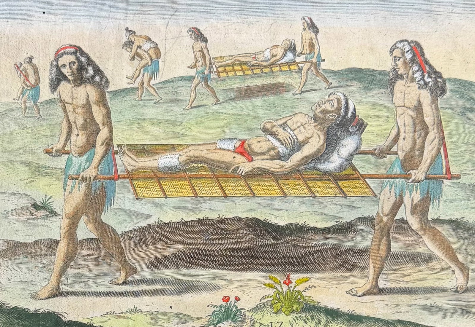 De Bry - Florida - Manner in which their hermaphrodites are employed (Stretchers): This significant, historic engraving is from Theodor de Bry & Jacques Le Moyne's Der ander Theyl de Newlich erfundenen Landtschafft Americae . . . in Floridam or Brevis Narratio eorum quae in florida 