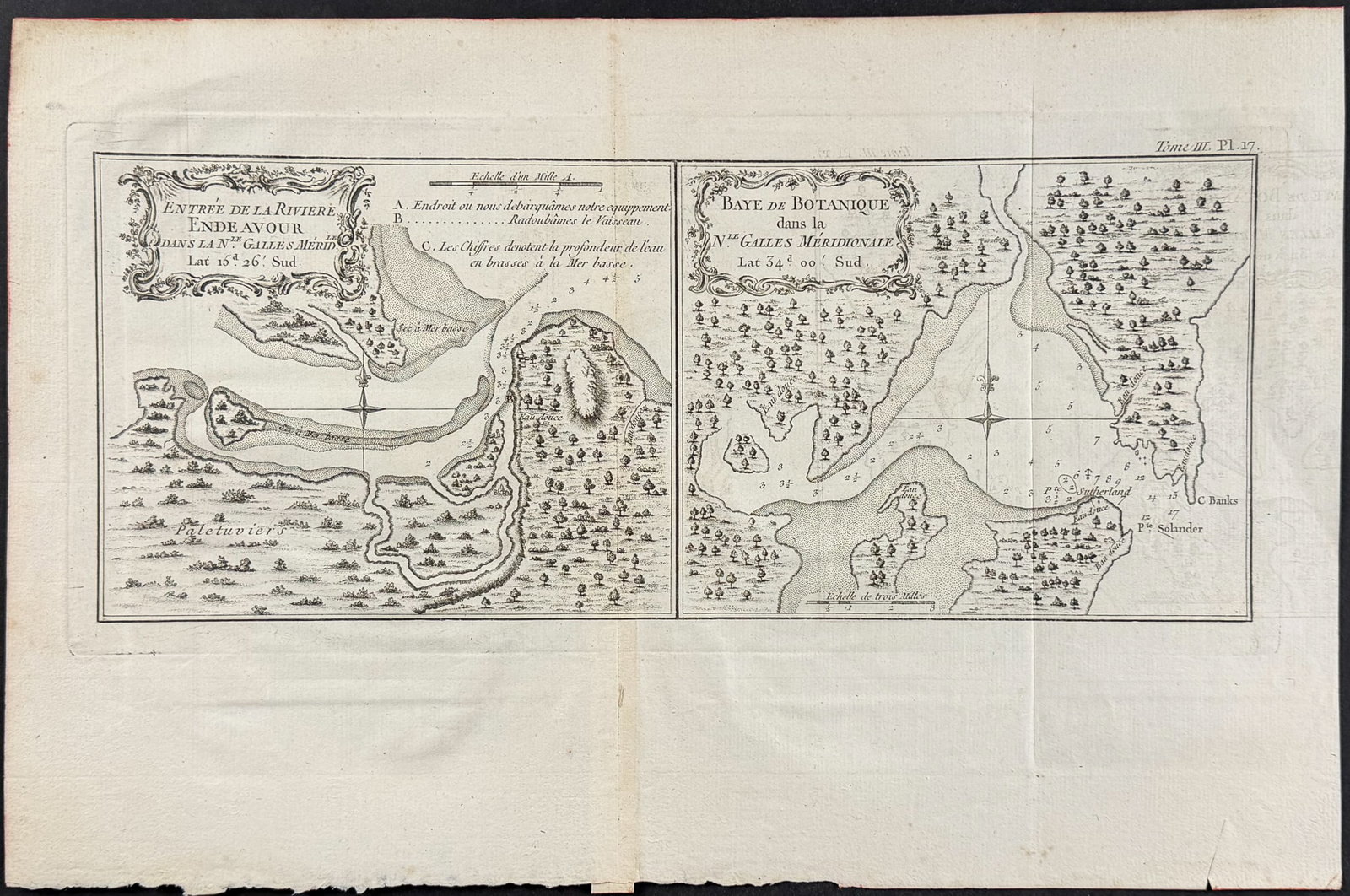 Captain Cook, Australia - First Harbor Charts of Botany Bay & Endeavour River: This fascinating engraving is from Captain James Cook & John Hawkesworth's Relation des Voyages entrepris par ordre de Sa Majest? Britannique... or An Account of the Voyages Undertaken by the Order of