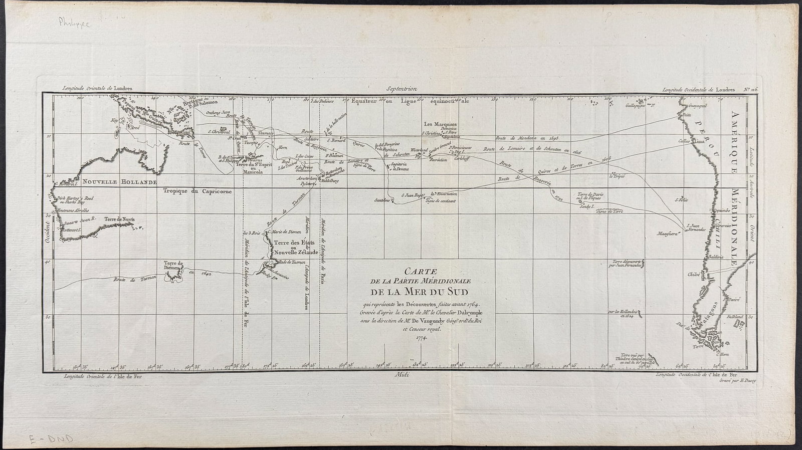 Dalrymple - Chart of the Pacific Ocean from New Holland (Australia), New Zealand, to South America: This first edition engraving is from Alexander Dalrymple's An Historical Collection of the Several Voyages and Discoveries in the South Pacific Ocean. The work was printed for the author in London bet