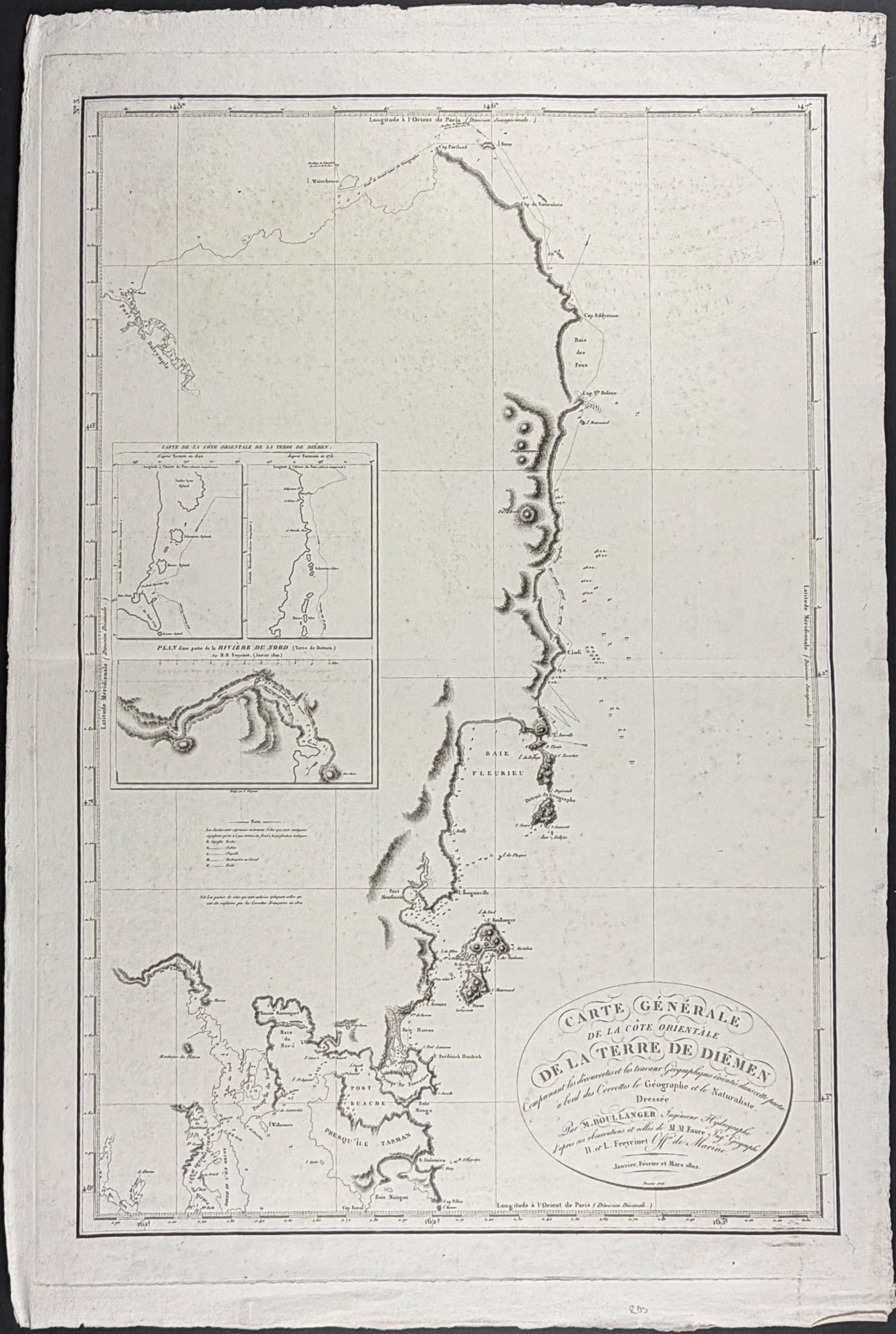 Freycinet, Australia - Chart of the Coast of Van Diemen's Land: This fine engraving is from Louis Claude de Saulces de Freycinet's atlas volume of Voyage de decouvertes aux Terres Australes, execute... sur les corvettes le Geographe, le Naturaliste, et la goelette