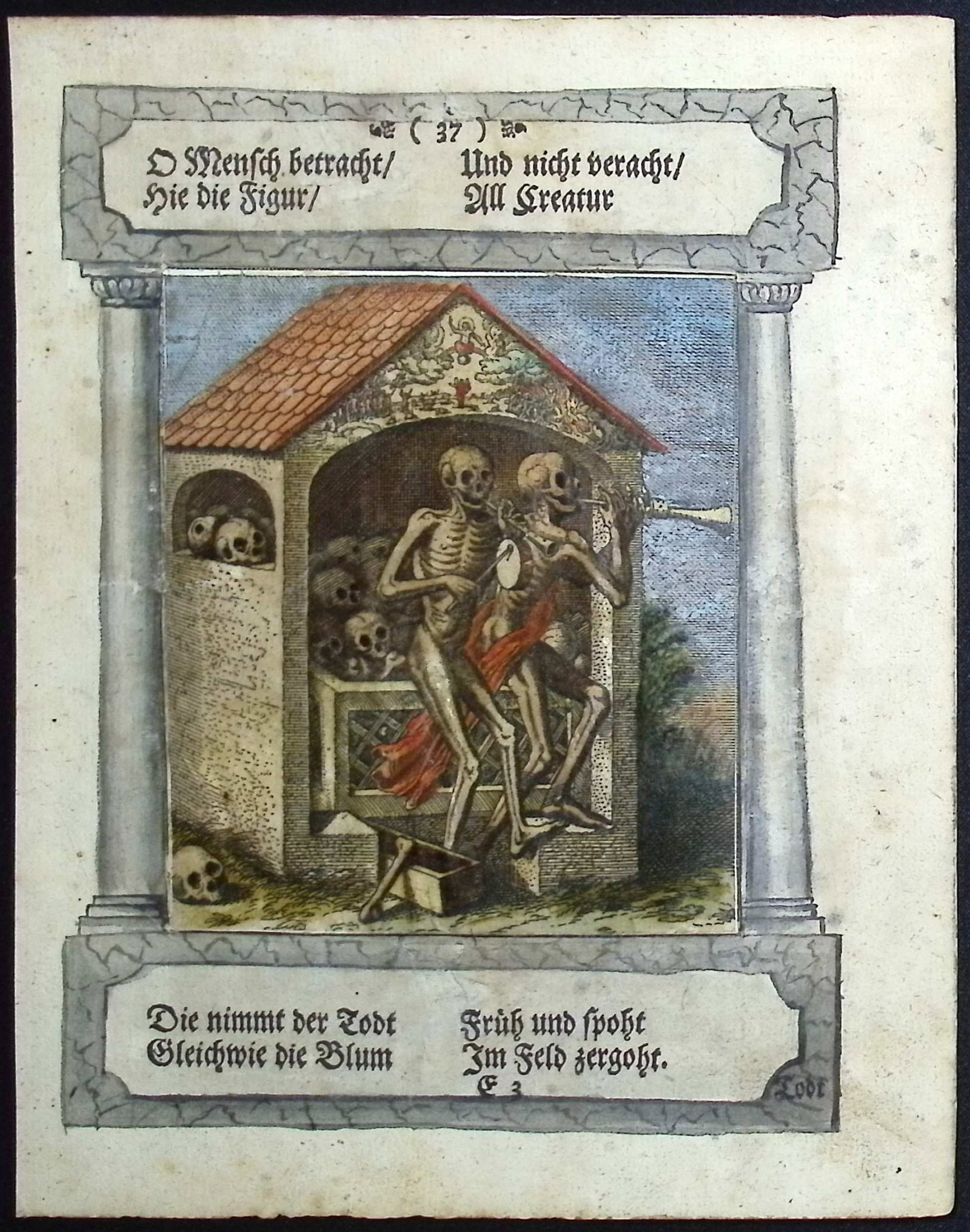 Merian - Dance of Death. 37: This rare and early engraving is from Matthaus Merian's Todten-Tantz, wie derselbe in der lo?blichen und weit-beru?hmten Stadt Basel, als ein Spiegel menschlicher Beschaffenheit... or The Dance of the