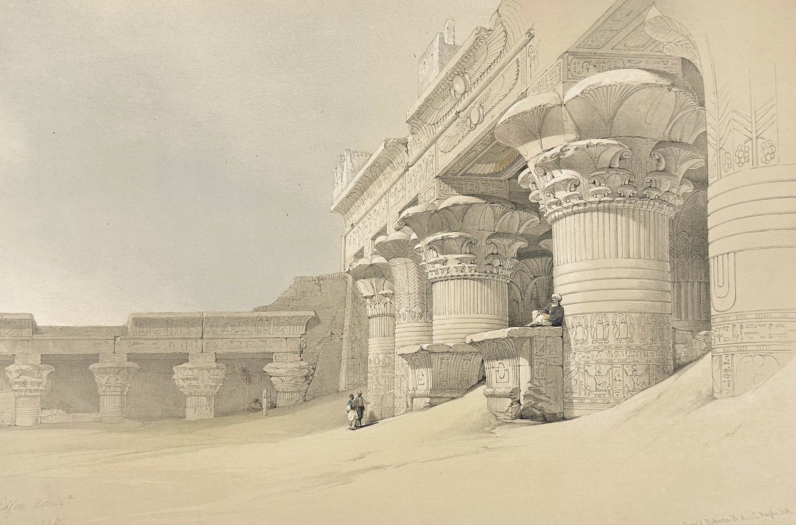 David Roberts - Facade of the Pronaos of the Temple of Edfou: David Roberts' most famous work, Holy Land, Syria, Idumea, Arabia, Egypt, & Nubia, was published by E. G. Moon in London between 1846 and 1849. This work is known for its extremely detailed duotone li