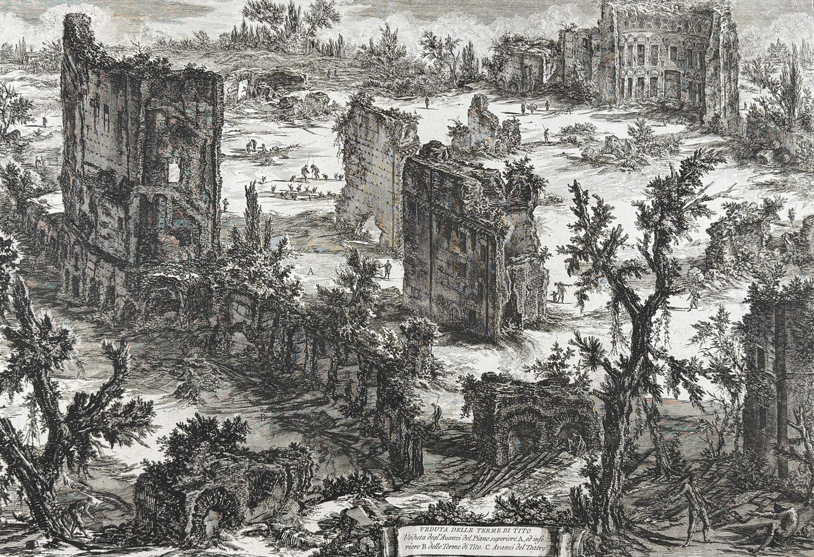 Piranesi, Folio - View of the Baths of Titus [Veduta delle Terme di Tito]: This extraordinary large folio etching is from Giovanni Battista Piranesi's "Vedute di Roma". This from a mixed edition of the work published in Rome & Paris likely published c1778 to early 1800s. The