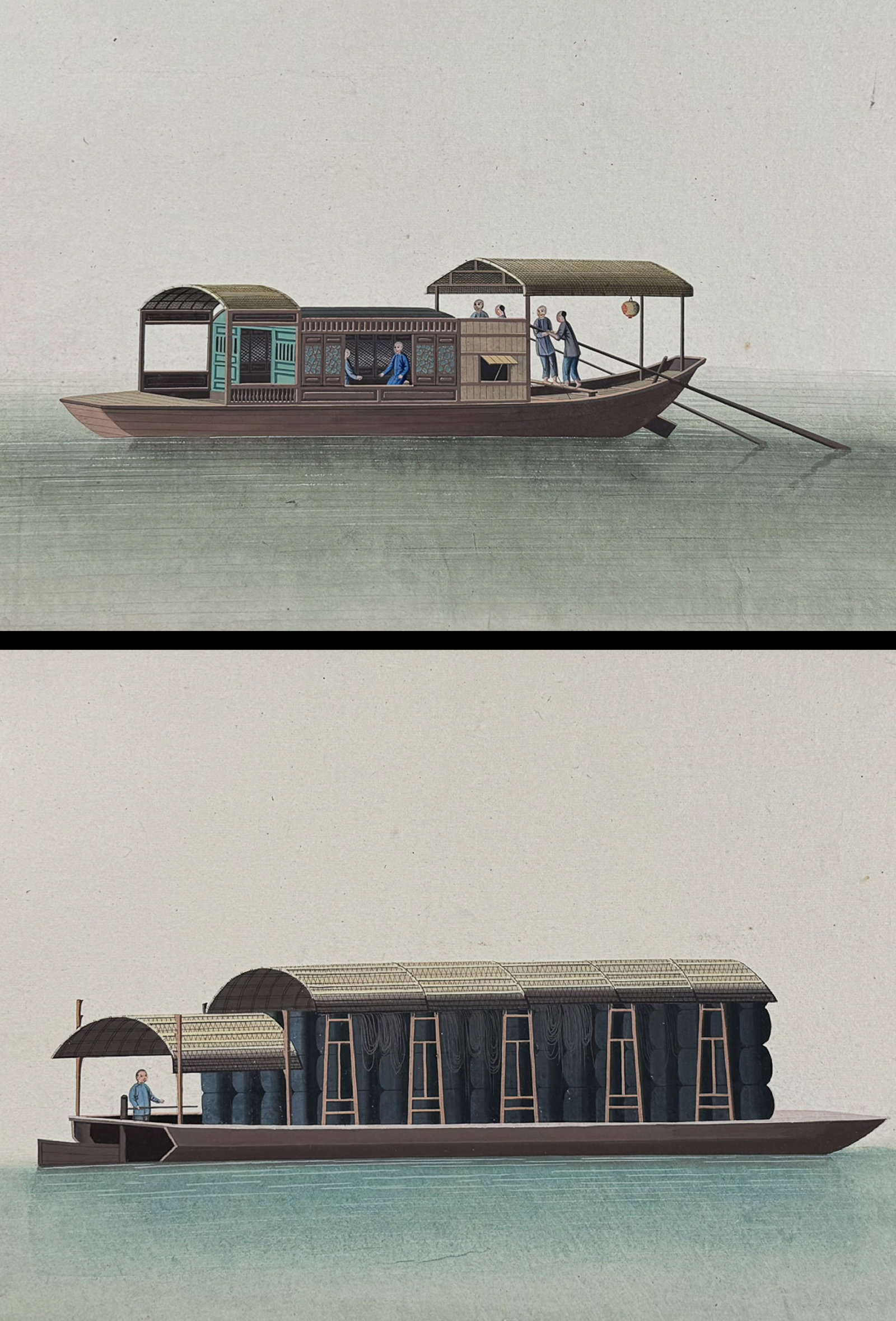 Pair of Original Watercolors of Chinese Boats or Junks: This remarkable, one-of-a-kind watercolor is from a collection entitled Dessins Originaux Chinois.. The watercolor was done in the 1800s in Canton and is mounted to a larger sheet. The watercolors wer