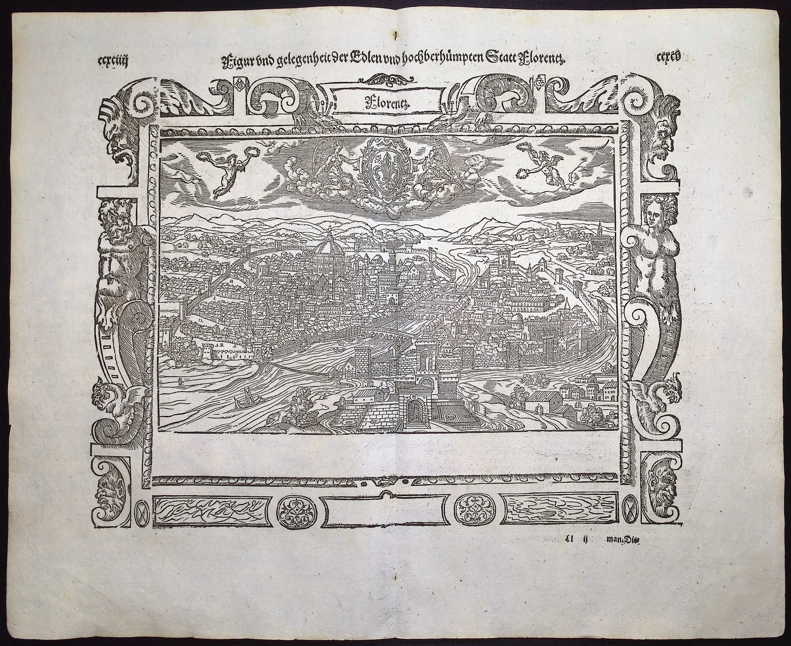 Munster, pub. 1592 - View of Florence, Italy: This very old woodcut is from Sebastian Munster's Cosmographia Universalis or Cosmographey: das ist Beschreibung aller Lander [...] The work was published in Basel in 1592 by Heinrich Petri. The work 