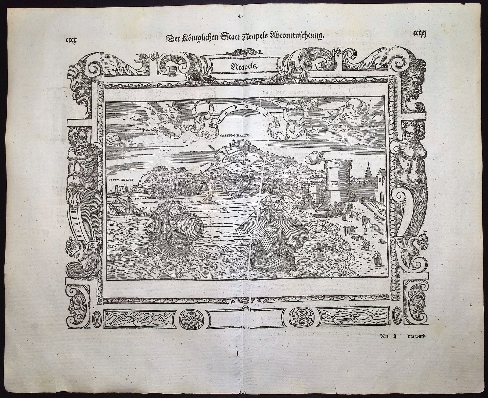 Munster, pub. 1592 - View of Naples, Italy: This very old woodcut is from Sebastian Munster's Cosmographia Universalis or Cosmographey: das ist Beschreibung aller Lander [...] The work was published in Basel in 1592 by Heinrich Petri. The work 