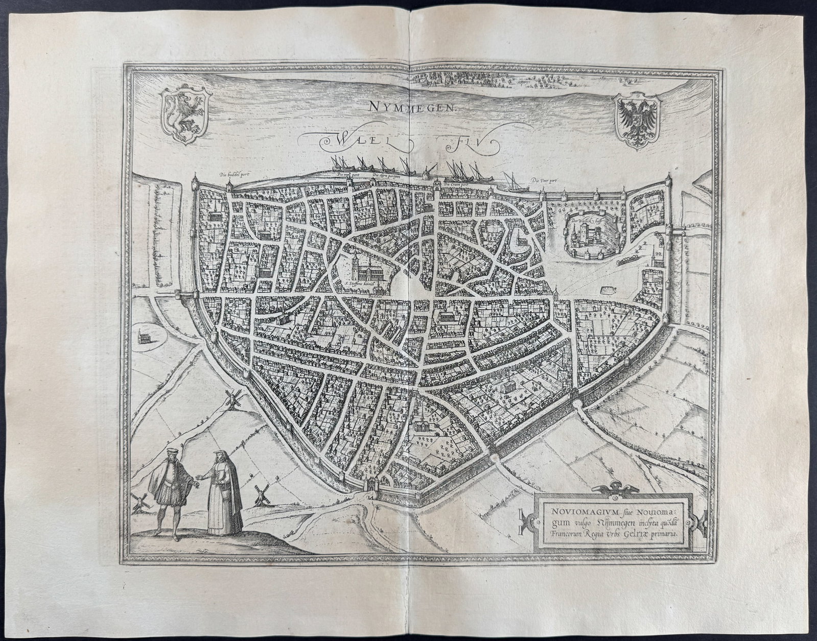 Braun & Hogenberg, pub. 1575 - View of Nijmegen, Netherlands: This extraordinary engraving is from Georg Braun & Frans Hogenberg's Civitates Orbis Terrarum or Atlas of the Cities of the World. The work was published in Augsberg in 1575. It is considered the grea