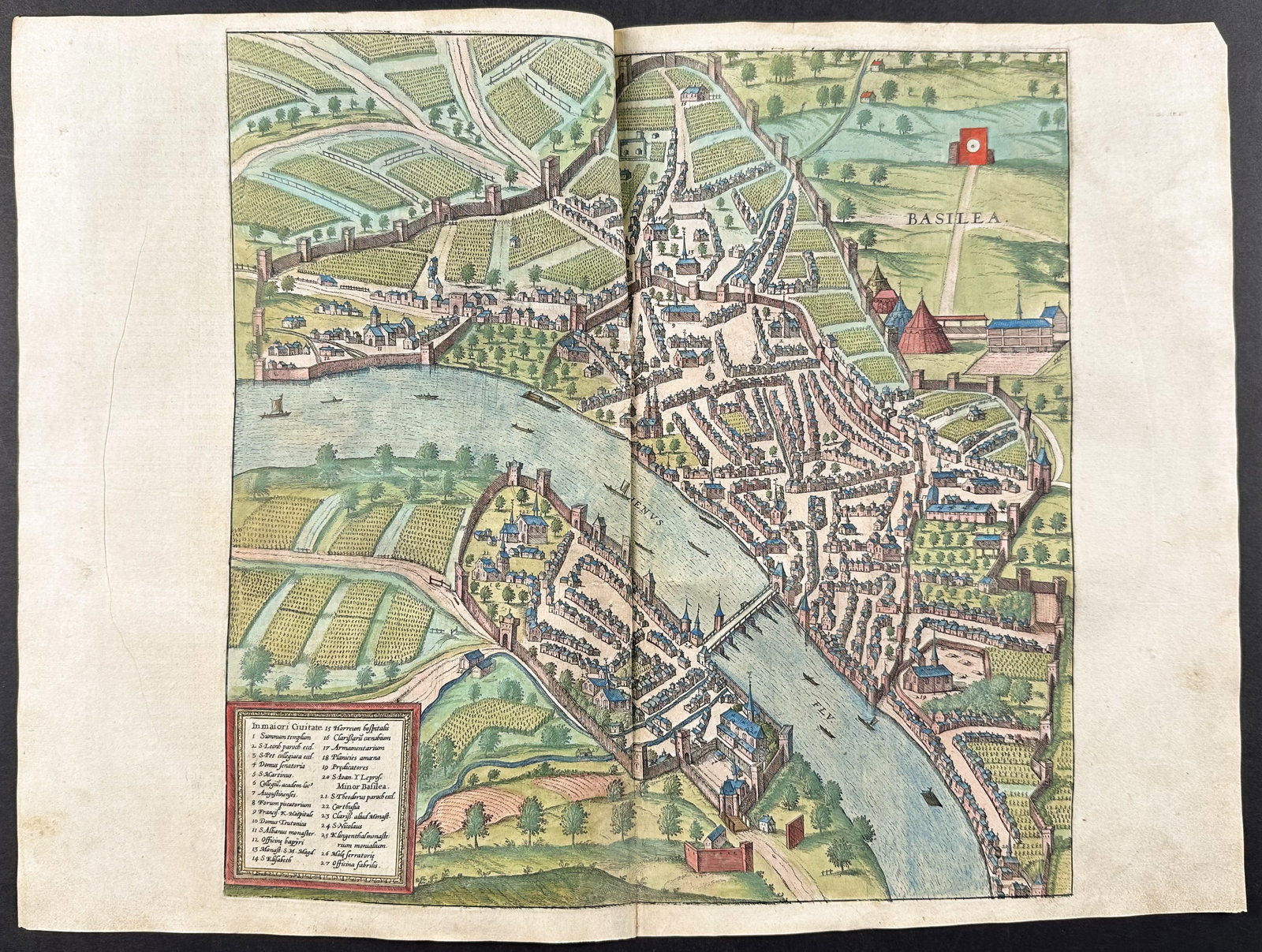 Braun & Hogenberg, pub. 1575 - View of Basel, Switzerland: This extraordinary engraving is from Georg Braun & Frans Hogenberg's Civitates Orbis Terrarum or Atlas of the Cities of the World. The work was published in Augsburg in 1575. It is considered the grea