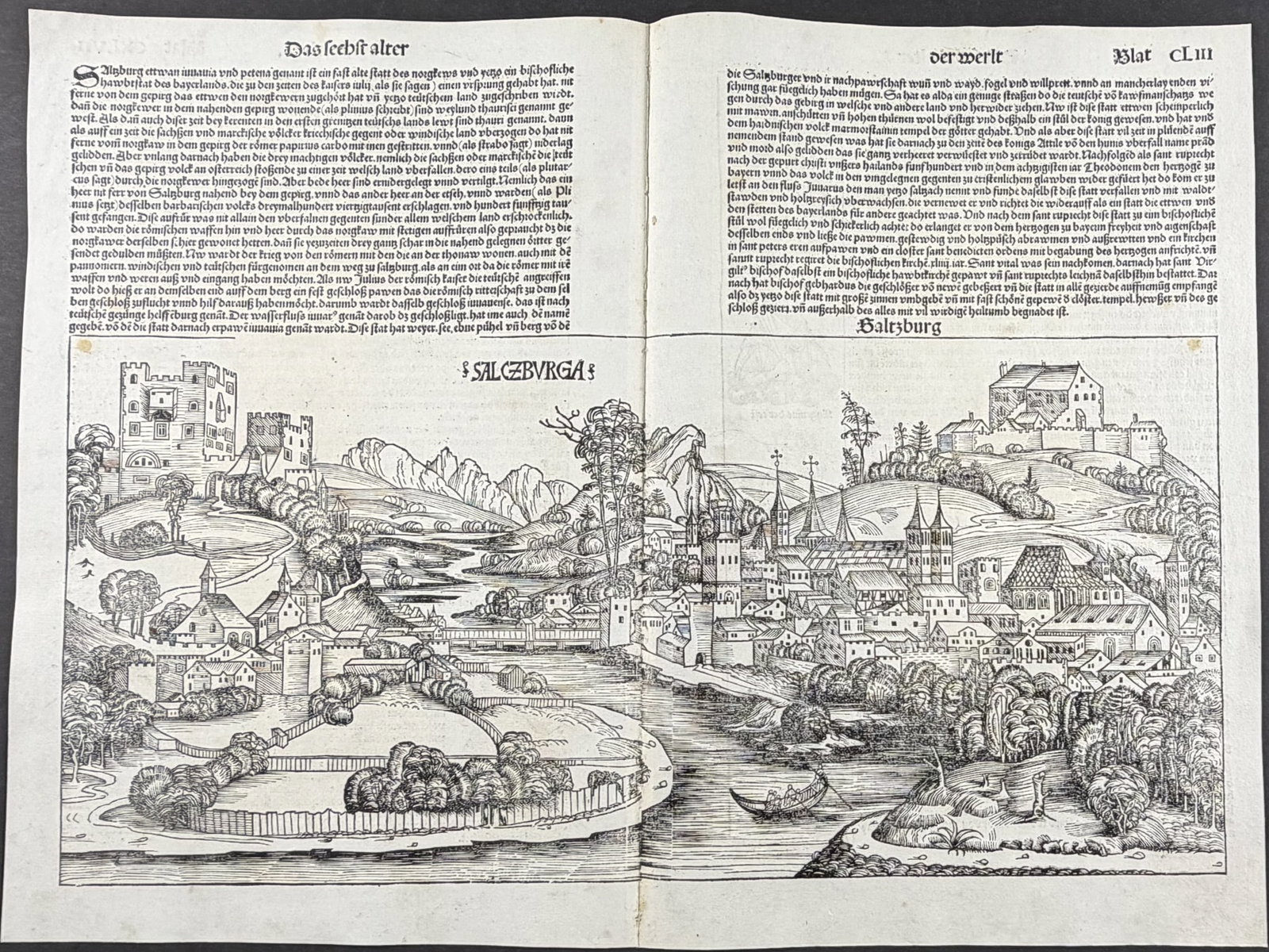 Schedel, pub. 1493 - View of Salzburg, Austria: This important and historic engraving is from Hartmann Schedel Liber Chronicarum, more commonly known as the Nuremberg Chronicle (in German: Das Buch der Croniken und Geschichten. This is from the