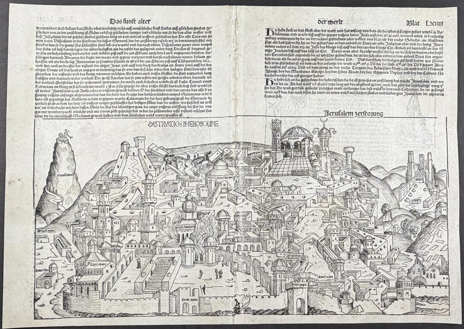 Schedel, pub. 1493 - View of Jerusalem, Israel: This important and historic engraving is from Hartmann Schedel Liber Chronicarum, more commonly known as the Nuremberg Chronicle (in German: Das Buch der Croniken und Geschichten. This is from the