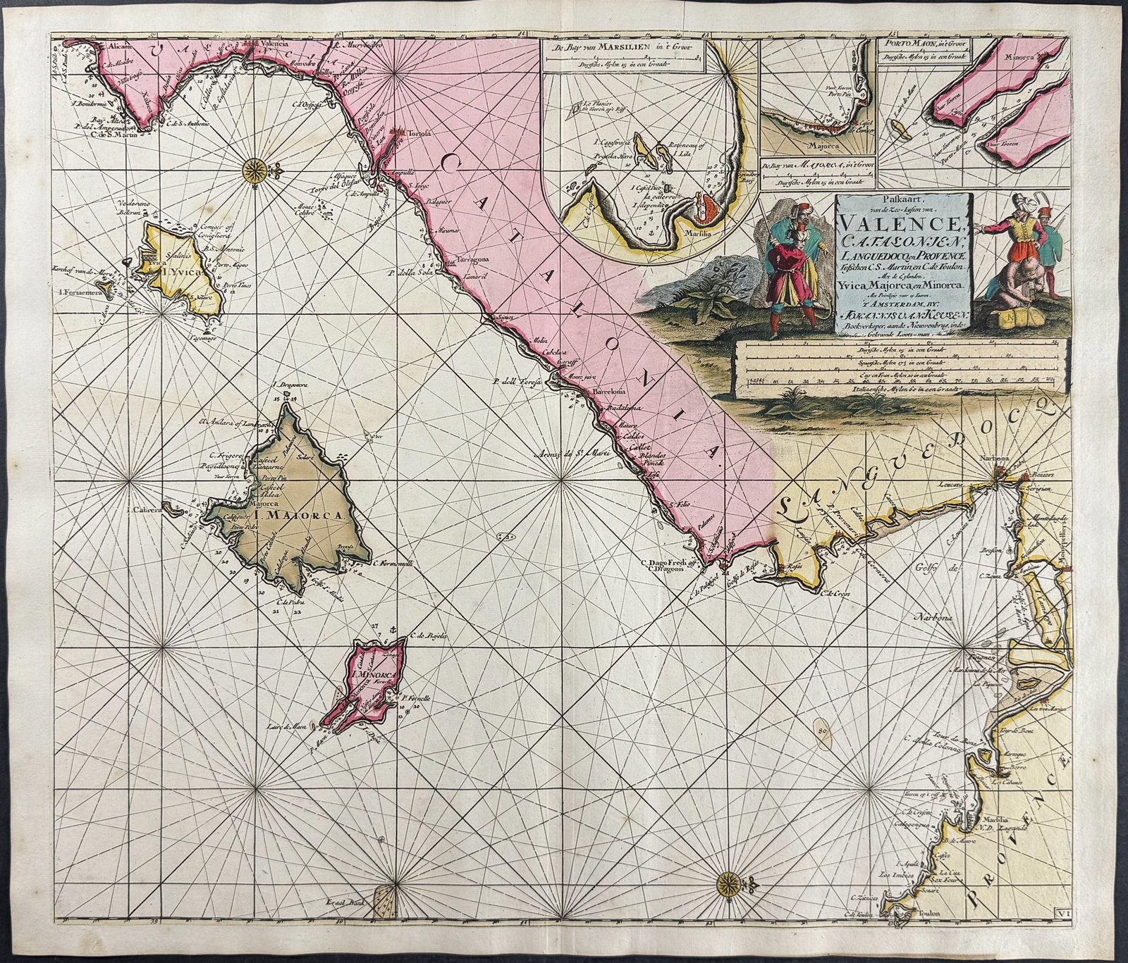 Keulen, Rare - Map of the coast of Valencia, Catalonia, Languedoc, and Provence, and the islands of: This extraordinary, originally hand-colored map is from the exceedingly rare atlas from Johannes and Gerard Van Keulen entitled De Groote Nieuwe Vermeerderde Zee-Atlas ofte Water-Waerld. Vertoonende i