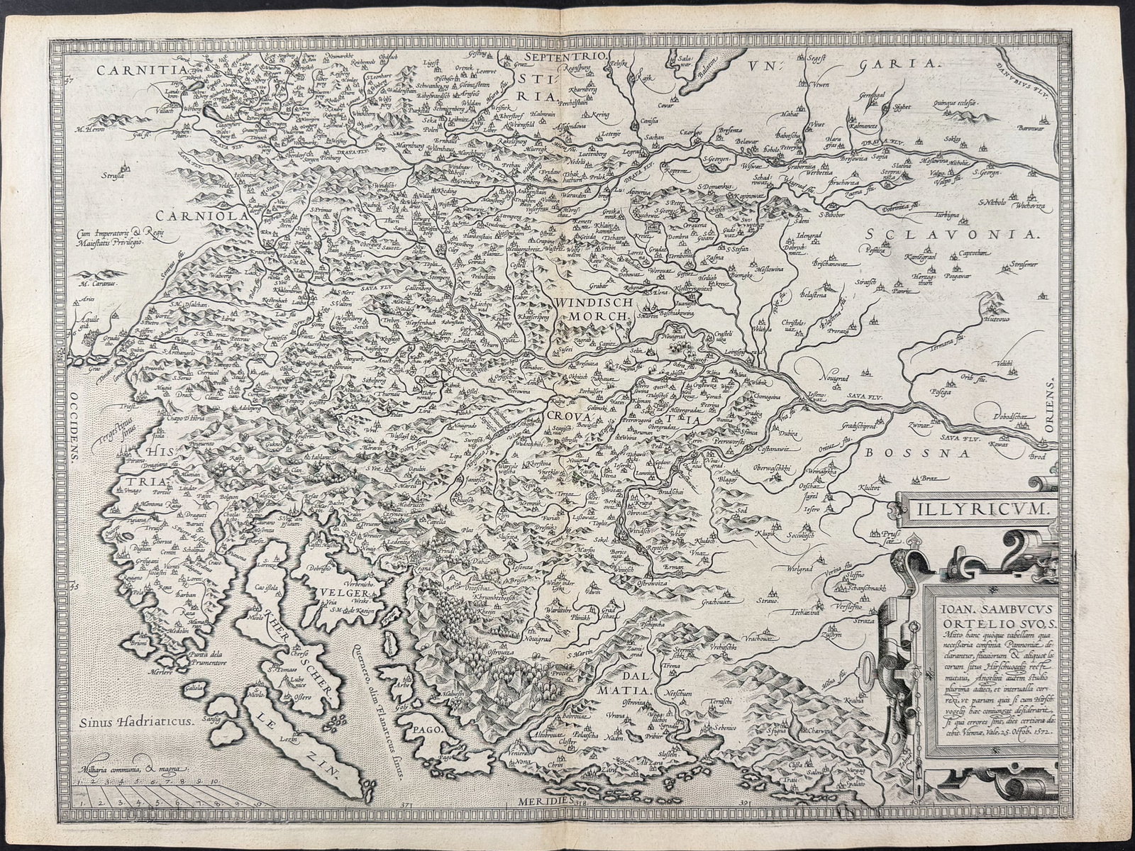 Ortelius, pub. 1575 - Map of the Western Balkans including Croatia, Slovenia, Bosnia: This stunning folio map is from Abraham Ortelius's Theatrum orbis terrarum. The work was published in Antwerp by Gillis Van den Rade in 1575 (with the first edition being published 1570). The engraved