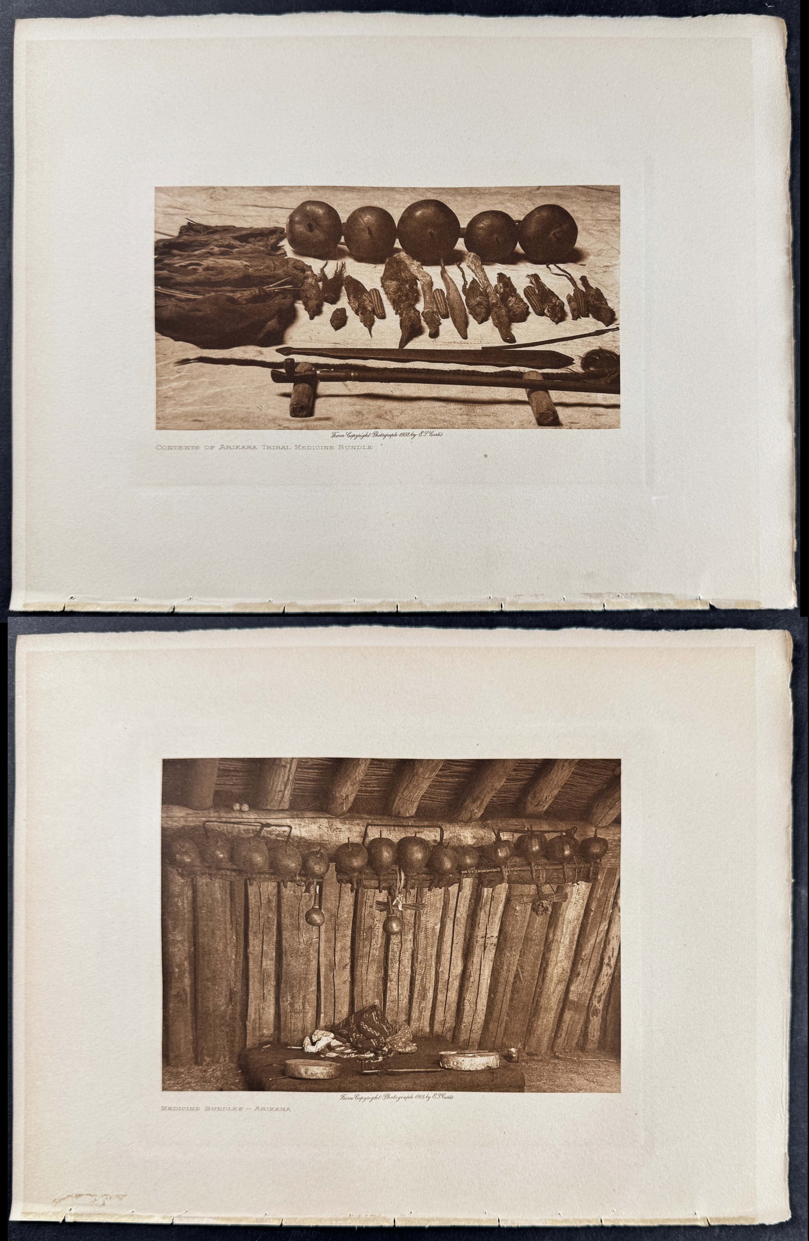 Edward Curtis - 6 Native American Photogravures: Included in this lot: Wall-Painting for the Summer Shiwanna Ceremony - Santo Domingo Record of Custodians of a Turtle-drum - Mandan Contents of Arikara Tribal Medicine Bundle Ground Plan of Arikara