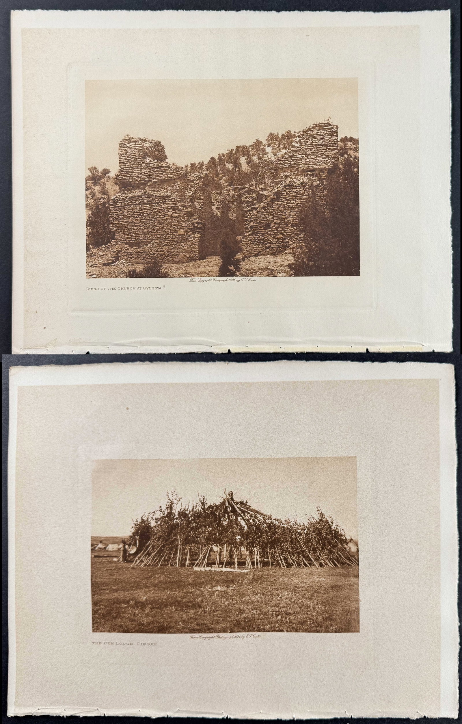 Edward Curtis - 6 Native American Photogravures: Included in this lot: Pecos in Ruins Ruins of the Church at Gyusiwa A Corner of Laguna The Bear Emerges - Arikara A Grave-house - Piegan The Sun-lodge - Piegan Description of the work: This moving pho