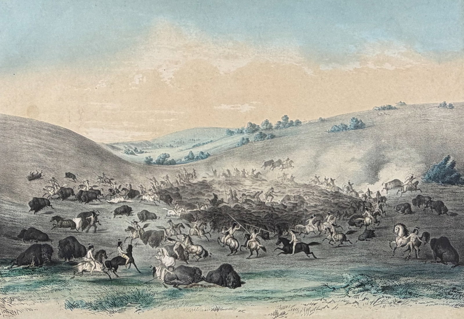 Catlin for Currier & Ives - The Buffalo Hunt, Surrounded by the Herd (1 of 2)