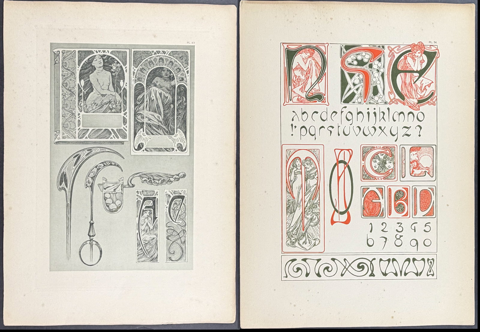 Mucha, Folio - Pair of Design Lithographs: This stunning and rare lithograph is from Alphonse Mucha's "Documents d?coratifs" which was edited by Gabriel Mourey. The work was published in Paris by Librairie centrale des Beaux-Arts in 1902. The