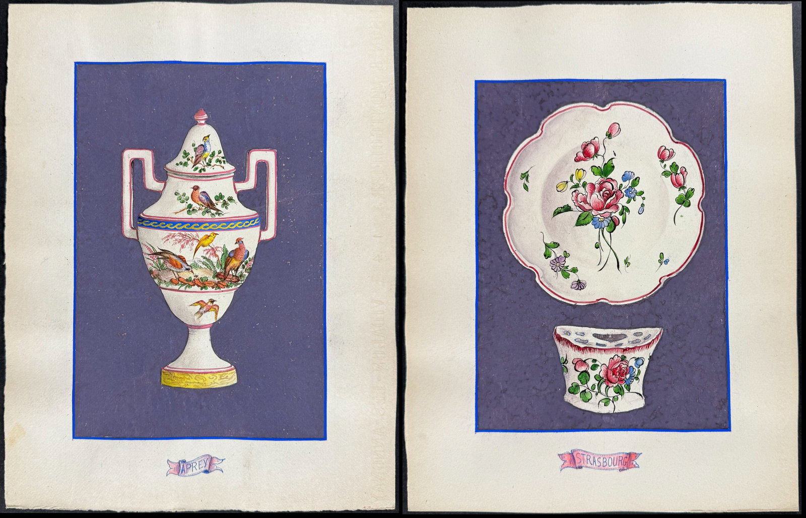 4 Original Watercolor of French Porcelain Home Designs: This superb original watercolor is from the production catalog from Francis Masse and Fourmaintraux et Successeurs entitled Catalogue d'aquarelles de fa??ence de Desvres. The collection was completed