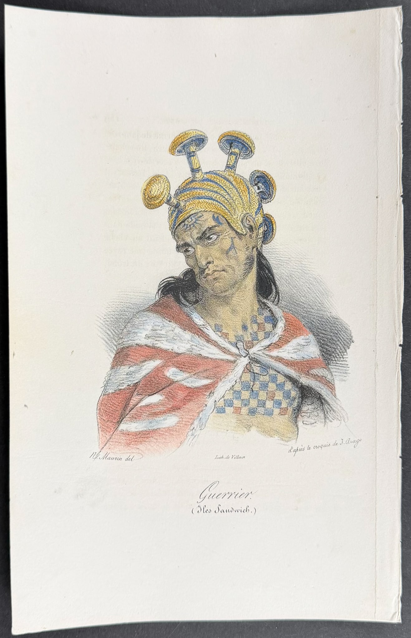 Arago, Hawaii - Warrior (Sandwich Islands) [Guerrier (Iles Sandwich]: This historic lithograph is from Jacques Arago's Promenade autour du monde, pendant les ann?es 1817, 1818, 1819 et 1820, sur les corvettes du roi l'Uranie et la Physicienne command?es par M. Freycinet