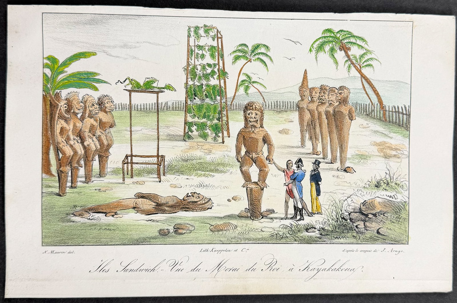 Arago, Hawaii - Sandwich Islands, View of the King's Morai at Kayakakoua [Iles Sandwich - Vue du: This historic lithograph is from Jacques Arago's Promenade autour du monde, pendant les ann?es 1817, 1818, 1819 et 1820, sur les corvettes du roi l'Uranie et la Physicienne command?es par M. Freycinet