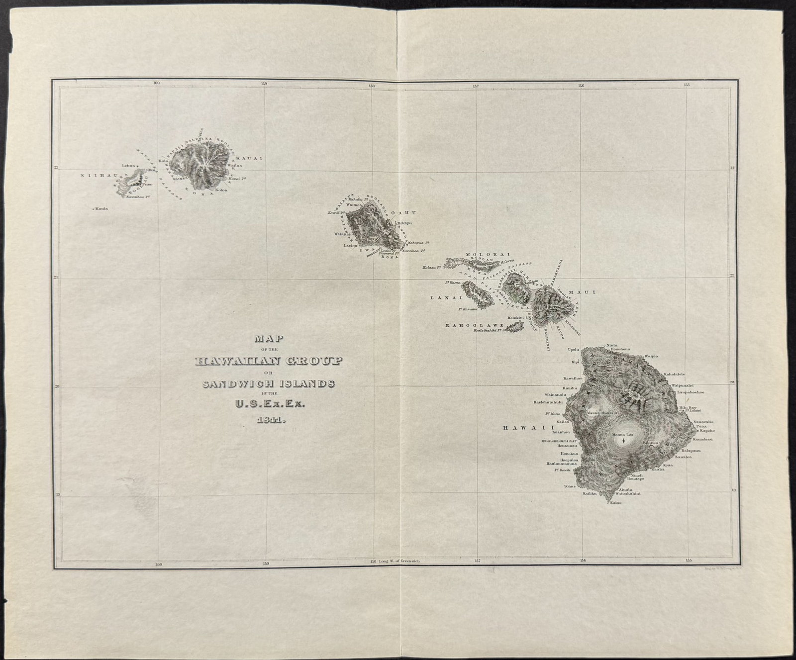 Wilkes - Map of the Hawaiian Group or Sandwich Islands, 1841: This historic engraving is from Charles Wilkes's Narrative of the United States Exploring Expedition. During the Years 1838, 1839, 1840, 1841, 1842. The work was published in Philadelphia by Lea and B