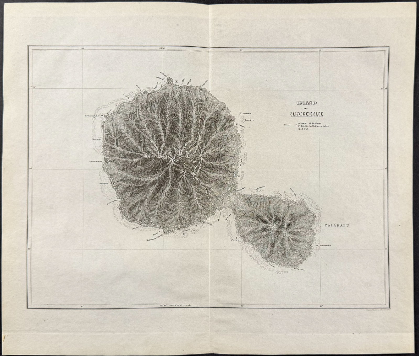 Wilkes - Map of the Island of Tahiti: This historic engraving is from Charles Wilkes's Narrative of the United States Exploring Expedition. During the Years 1838, 1839, 1840, 1841, 1842. The work was published in Philadelphia by Lea and B