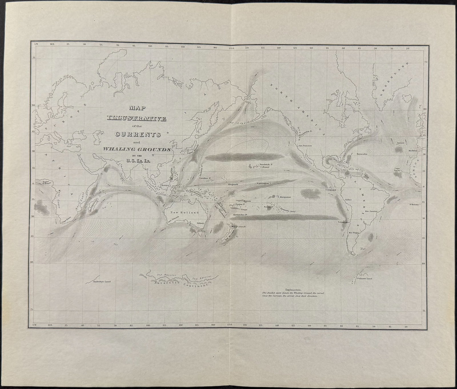 Wilkes - Map Illustrative of the Currents and Whaling Grounds (Pacific Ocean): This historic engraving is from Charles Wilkes's Narrative of the United States Exploring Expedition. During the Years 1838, 1839, 1840, 1841, 1842. The work was published in Philadelphia by Lea and B