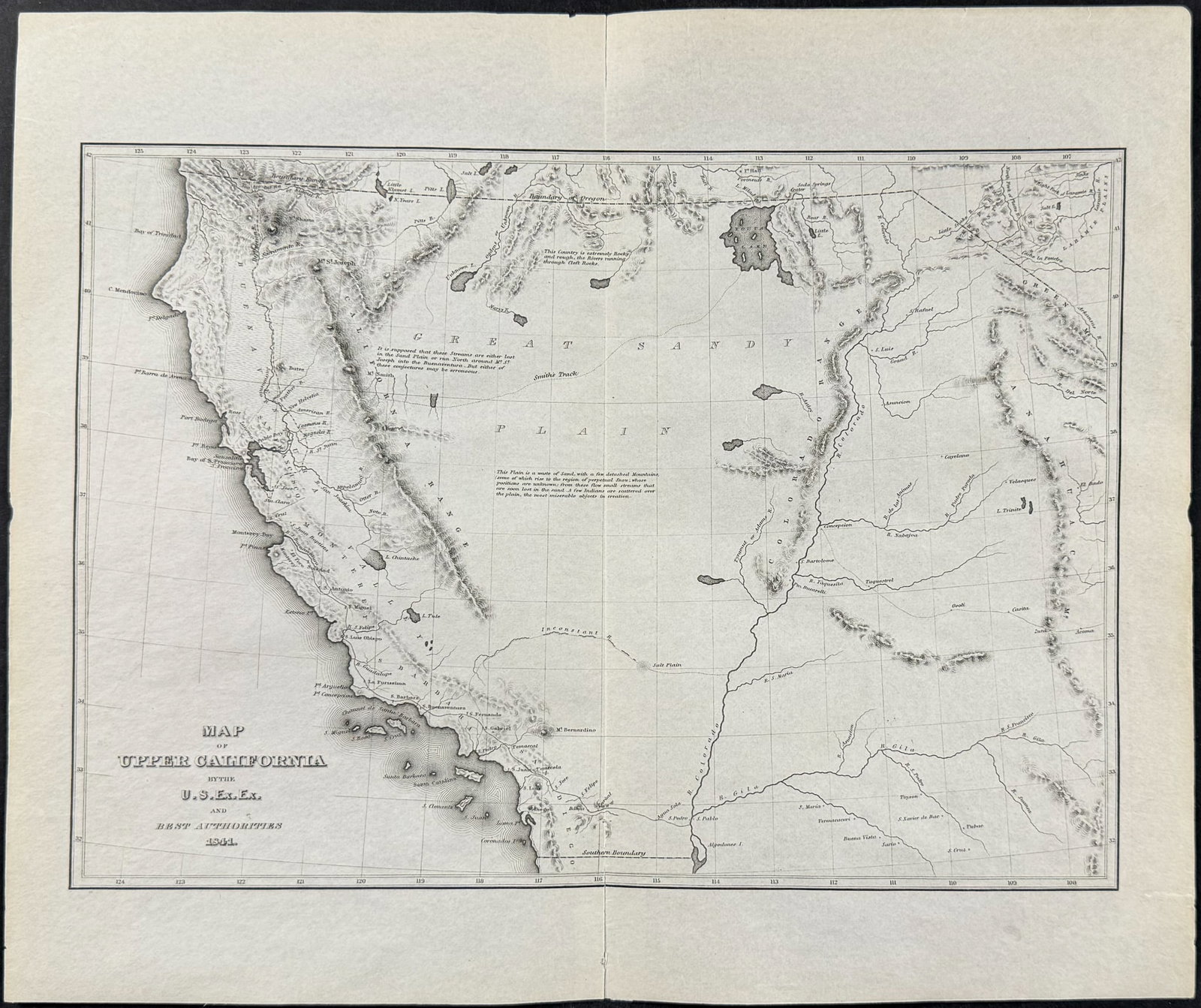 Wilkes - Map of Upper California, 1841: This historic engraving is from Charles Wilkes's Narrative of the United States Exploring Expedition. During the Years 1838, 1839, 1840, 1841, 1842. The work was published in Philadelphia by Lea and B
