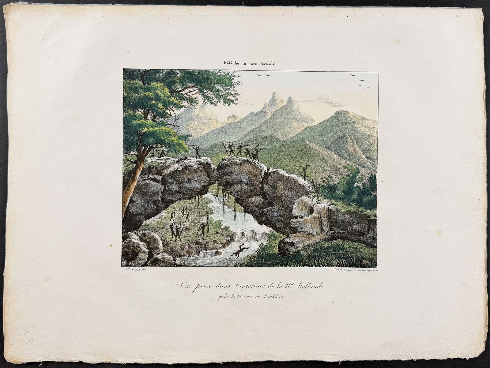 Arago, Australia - Battle in New Holland: This historic lithograph is from Jacques Arago's Promenade autour du monde, pendant les ann?es 1817, 1818, 1819 et 1820, sur les corvettes du roi l'Uranie et la Physicienne command?es par M. Freycinet