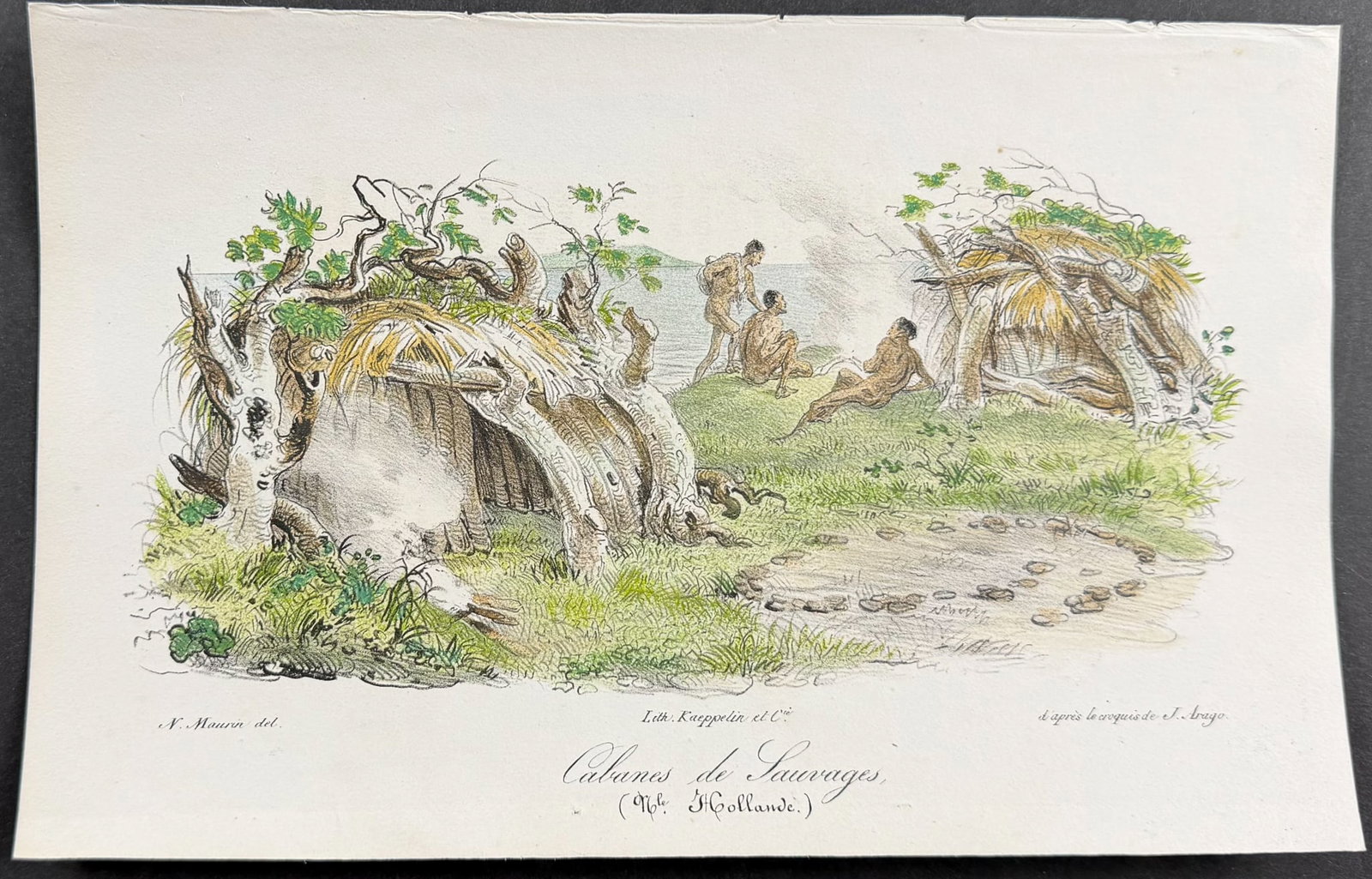 Arago, Australia - Family of Savages, Aborigines [Cabanes de Sauvages (Nouvelle Holland)]: This historic lithograph is from Jacques Arago's Promenade autour du monde, pendant les ann?es 1817, 1818, 1819 et 1820, sur les corvettes du roi l'Uranie et la Physicienne command?es par M. Freycinet
