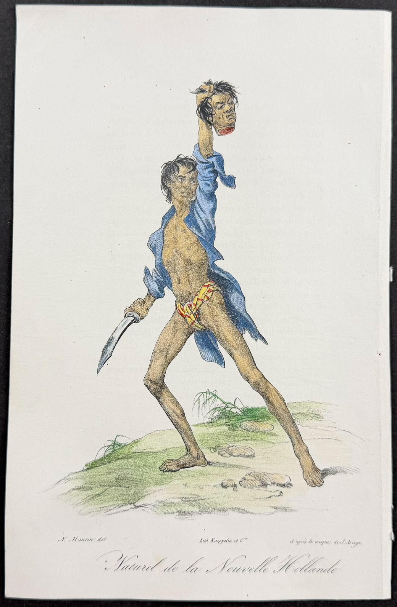 Arago, Australia - Aborigine, Native of New Holland [Naturel de la Nouvelle Hollande]: This historic lithograph is from Jacques Arago's Promenade autour du monde, pendant les ann?es 1817, 1818, 1819 et 1820, sur les corvettes du roi l'Uranie et la Physicienne command?es par M. Freycinet