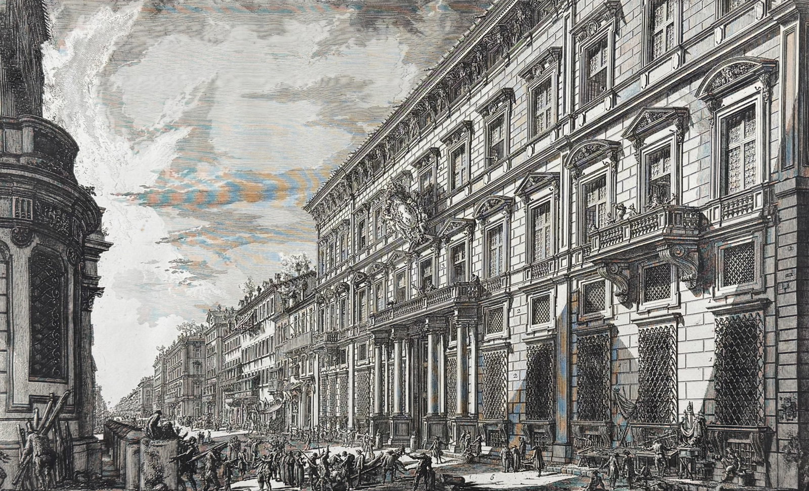Piranesi, Folio - View on Via del Corso of the Palace of the Academy [Veduta nella Via del Corso,: This extraordinary large folio etching is from Giovanni Battista Piranesi's "Vedute di Roma". This from a mixed edition of the work published in Rome & Paris likely published c1778 to early 1800s. The