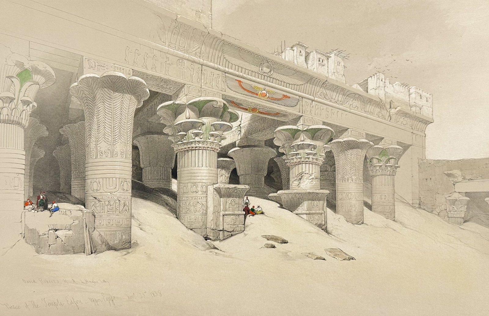 David Roberts - Portico of the Temple of Edfou, Upper Egypt: David Roberts' most famous work, Holy Land, Syria, Idumea, Arabia, Egypt, & Nubia, was published by E. G. Moon in London between 1846 and 1849. This work is known for its extremely detailed duotone li