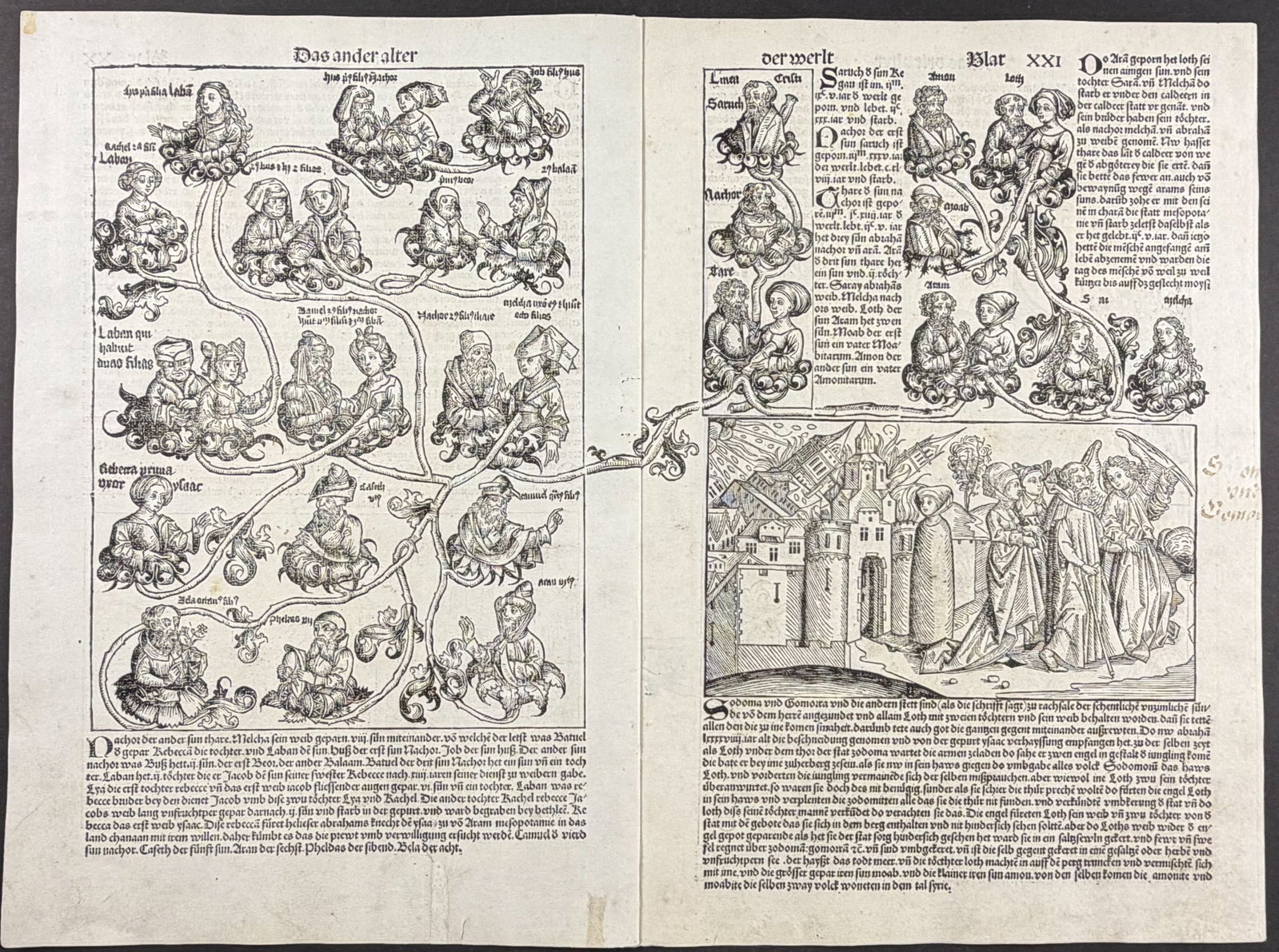 Schedel, pub. 1493 - 3 Pages with Views and Historical Depictions of Abraham: Depicted on the pages: View of Nineveh, Assyria (Near modern-day Mosul, Iraq) / Lineage Chart & Fall of Sodom & Gomorrah / Meeting of Abraham with King of Salem, Melchizedek, Lineage Chart of