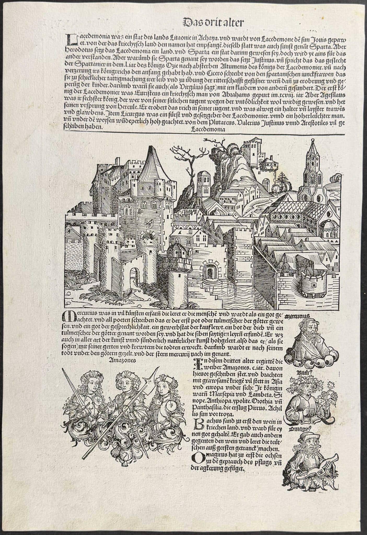 Schedel, pub. 1493 - View of Laconia (Lacedaemonia), Sparta, Greece / Verso: Religious & Historic: This important and historic engraving is from Hartmann Schedel Liber Chronicarum, more commonly known as the Nuremberg Chronicle (in German: Das Buch der Croniken und Geschichten. This is from the