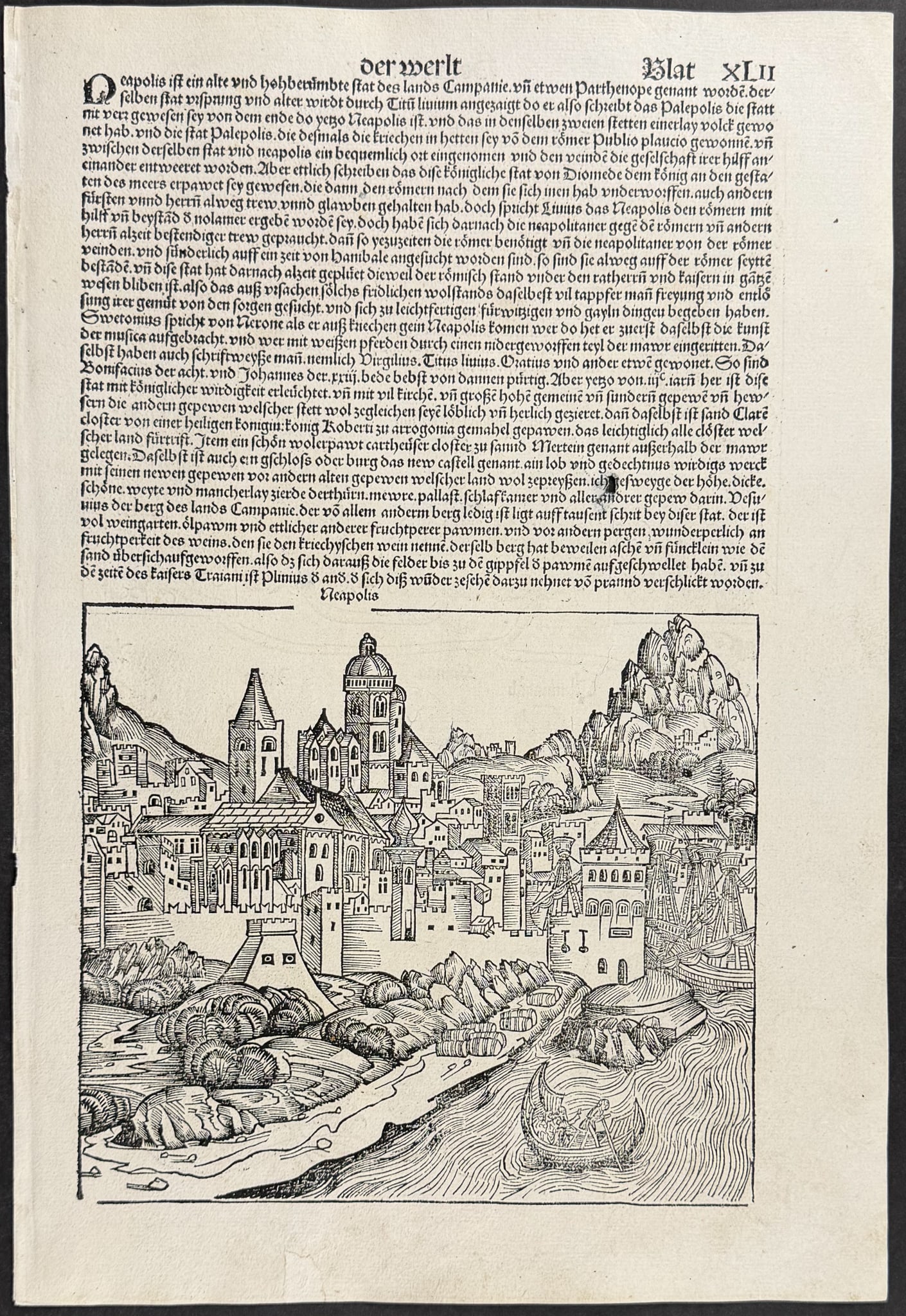 Schedel, pub. 1493 - View of Naples, Italy / Verso: Lineage Chart: This important and historic engraving is from Hartmann Schedel Liber Chronicarum, more commonly known as the Nuremberg Chronicle (in German: Das Buch der Croniken und Geschichten. This is from the