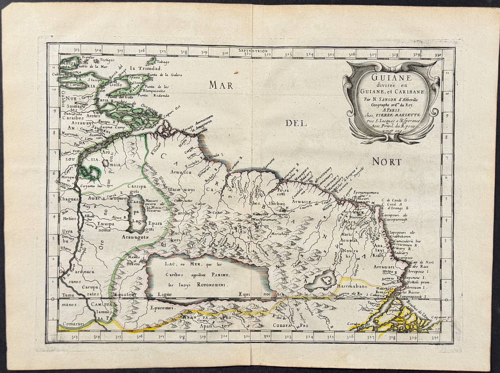 Sanson - Map of Guiana, South America: This engraved map with original outline color is from Nicolas d'Abbeville Sanson's atlas volume entitled America. The work was published in Paris by the author in 1657. Nicolas Sanson (1600-1667) was