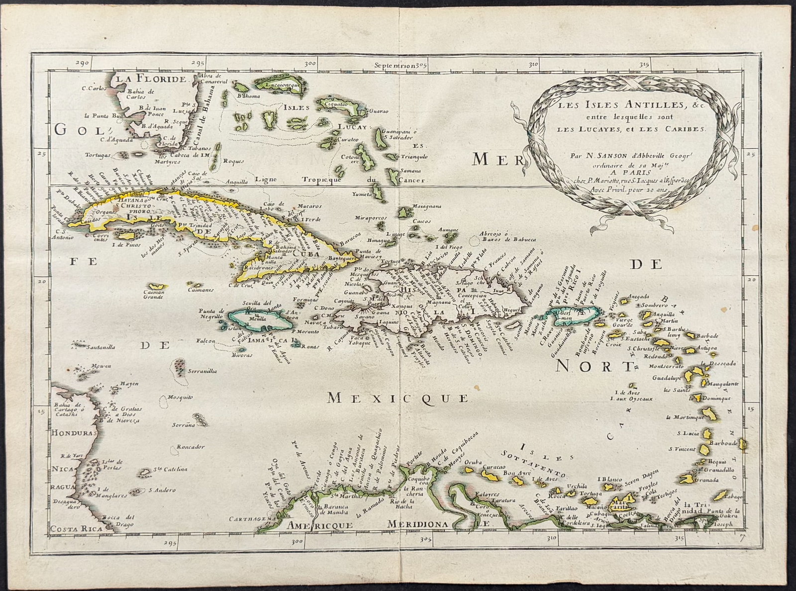 Sanson - Map of the Antilles Islands or West Indies (part of Florida): This engraved map with original outline color is from Nicolas d'Abbeville Sanson's atlas volume entitled America. The work was published in Paris by the author in 1657. Nicolas Sanson (1600-1667) was