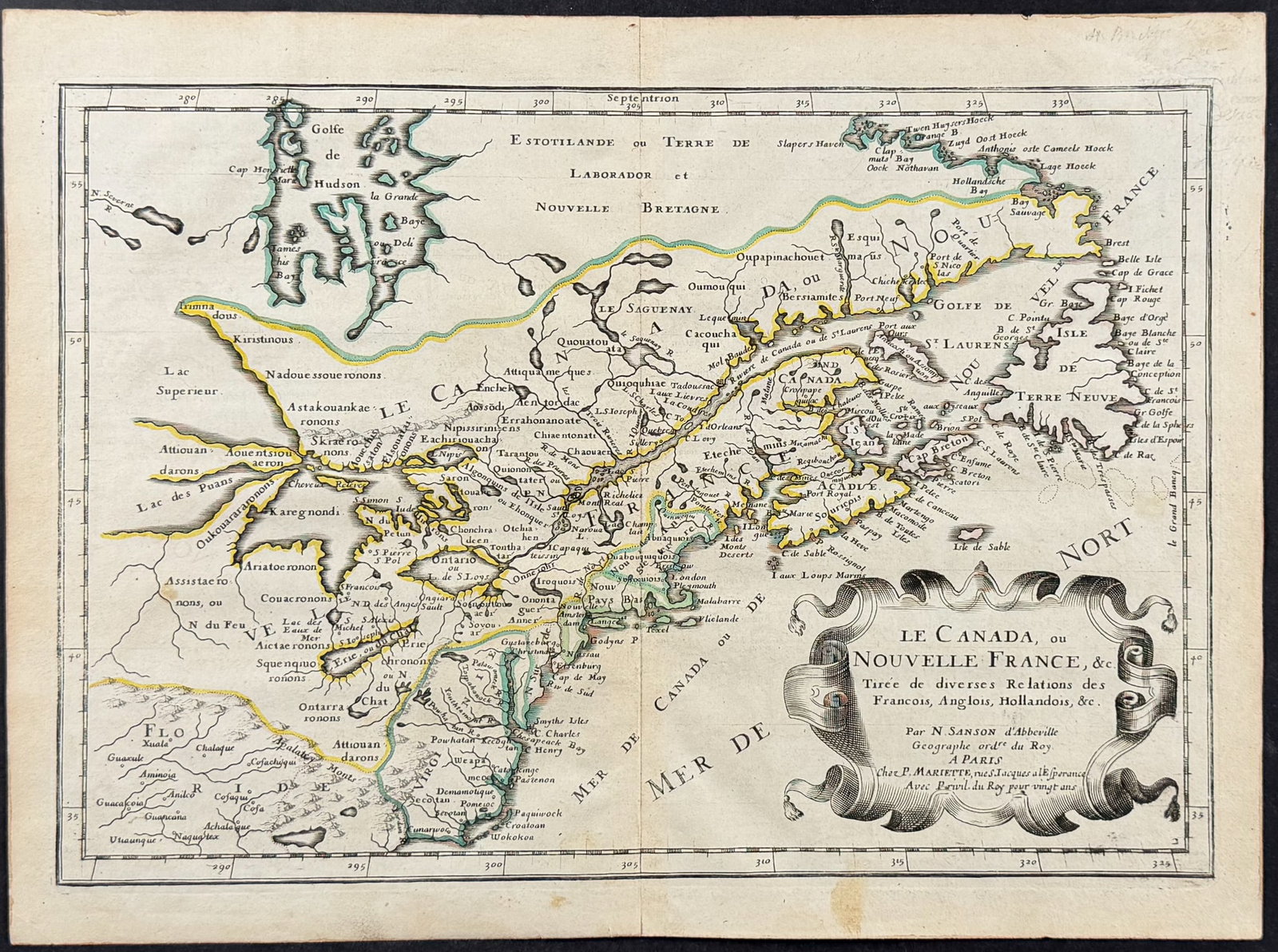 Sanson - Map of Canada or New France (Great Lakes, New England: This engraved map with original outline color is from Nicolas d'Abbeville Sanson's atlas volume entitled America. The work was published in Paris by the author in 1657. Nicolas Sanson (1600-1667) was 