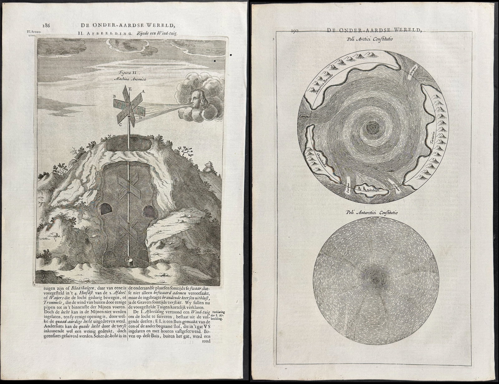 Kircher, pub. 1682 - 7 Engravings with Subterranean Views & Mechanical Devices: This scientific engraving is Athanasius Kircher's d'Onder-Aardse Weereld in Haar Goddelijk Maaksel en wonderbare uitwerkselen aller Dingen... It was published in 1682 in Amsterdam by J. Janssonius