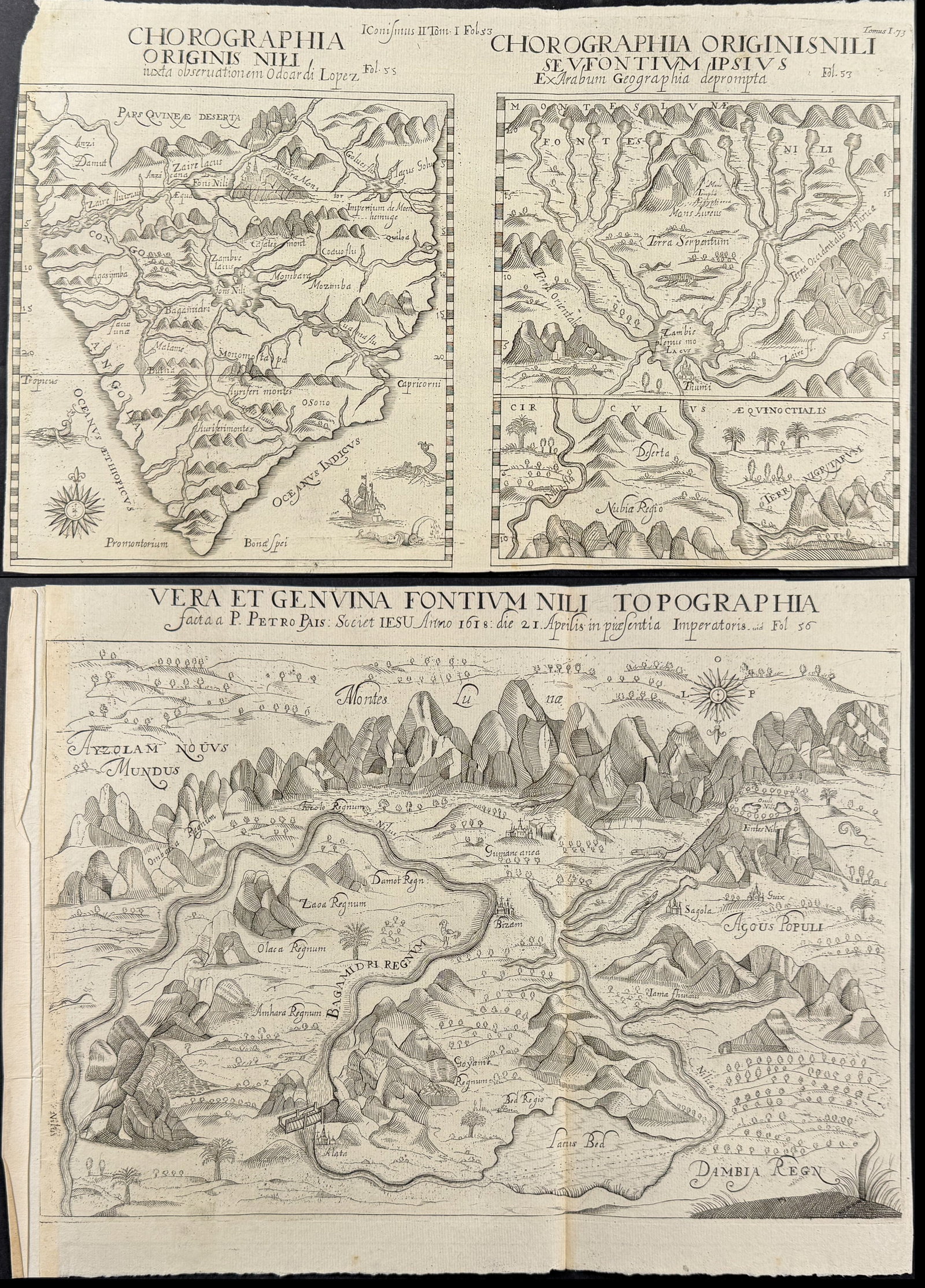 Kircher, pub. 1682 - Three Maps to Two sheets of the Origin & Topography of the Nile River, Africa: This scientific engraving is Athanasius Kircher's d'Onder-Aardse Weereld in Haar Goddelijk Maaksel en wonderbare uitwerkselen aller Dingen... It was published in 1682 in Amsterdam by J. Janssonius