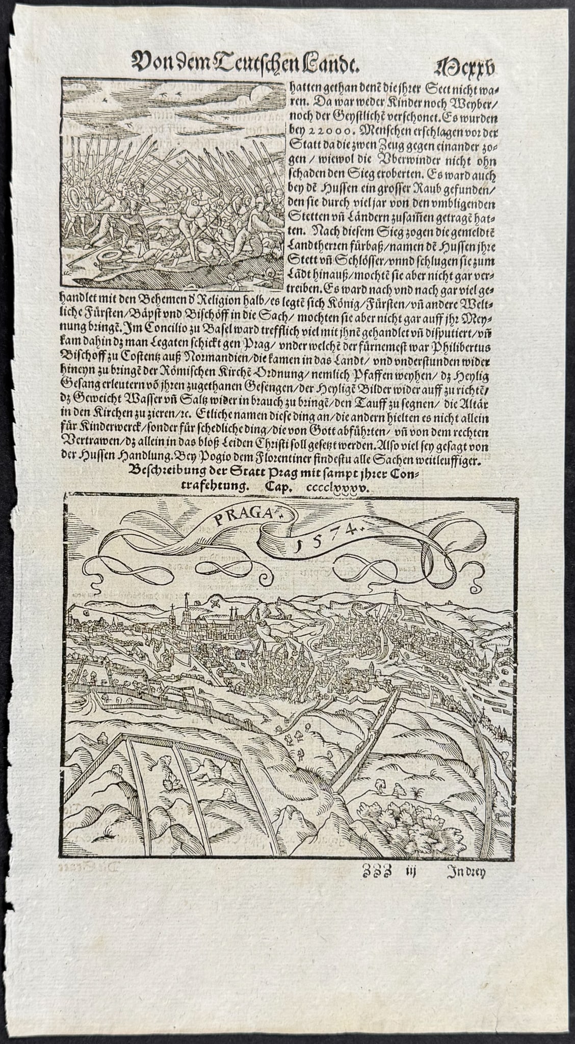Munster, pub. 1592 - View of Prague, Czech Republic: This very old woodcut is from Sebastian Munster's Cosmographia Universalis or Cosmographey: das ist Beschreibung aller Lander [...] The work was published in Basel in 1592 by Heinrich Petri. The work 