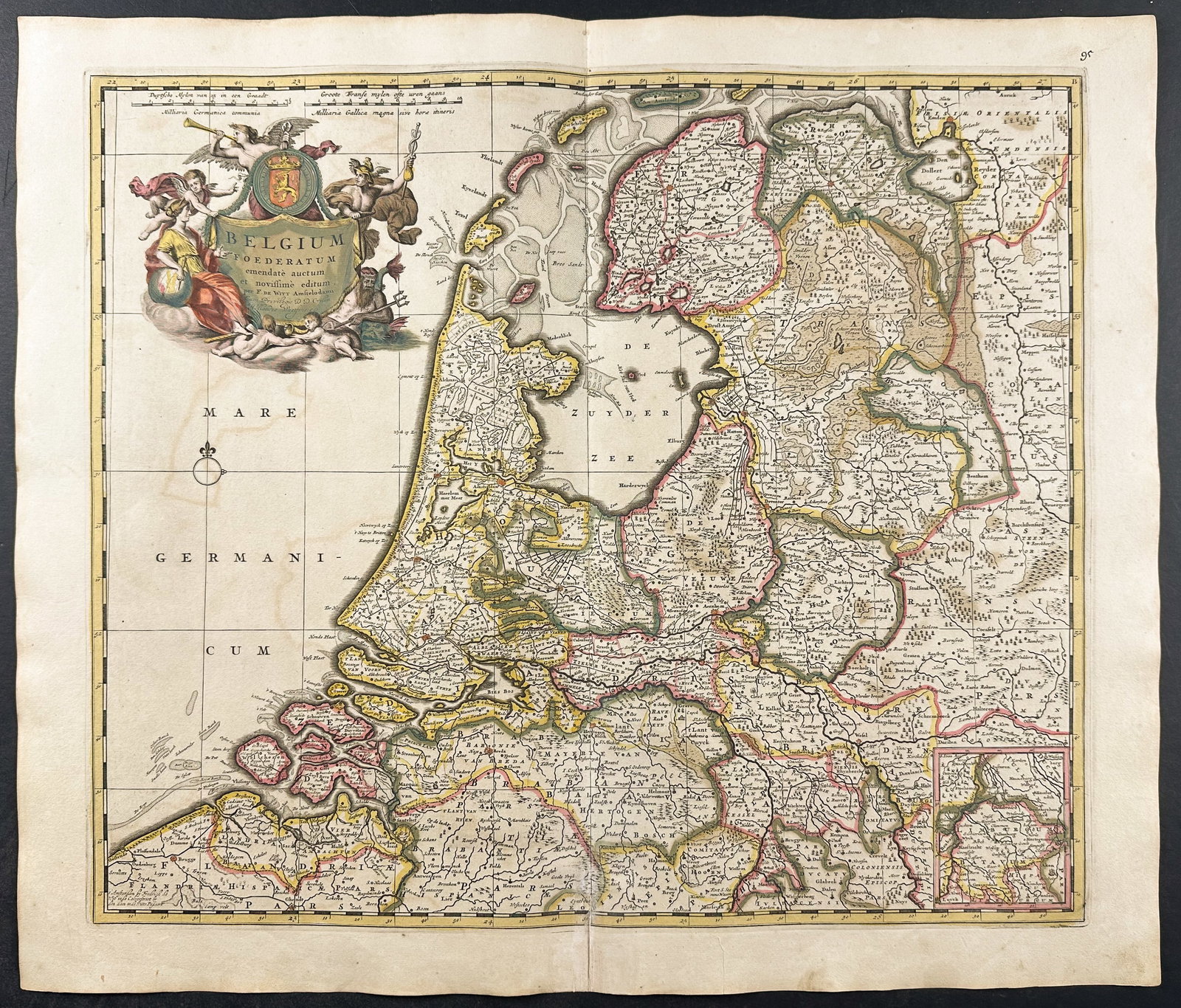 De Wit - Map of the Netherlands & Belgium: This remarkable originally hand-colored engraved map is from Frederik de Wit?s Atlas Maior It was published in Amsterdam circa 1710. De Wit published composite atlases using plate stock of his own and