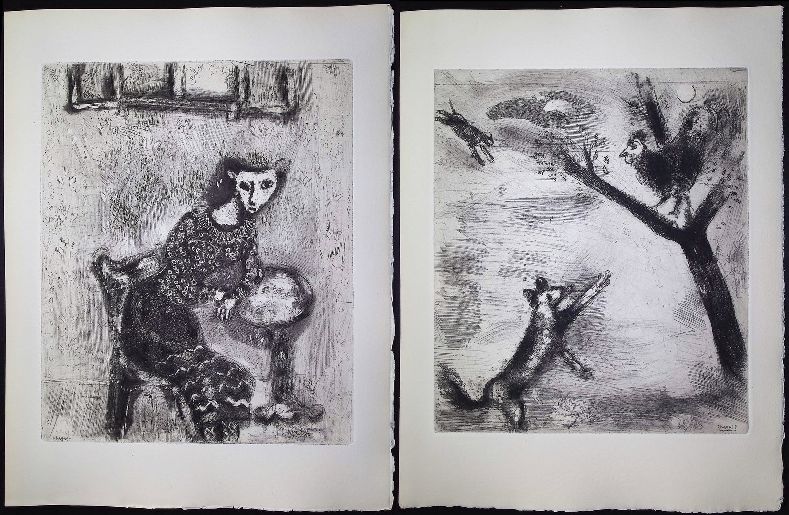 Chagall & Fontaine's Fables - 4 Etchings of Fables: Included in this lot: The Lion and the Donkey Hunting [Le Lion & l'Ane chassant] The Cat Metamorphosed into a Woman [La Chatte metamorphosee en Femme] The Crow Wishing to Imitate the Eagle [Le Corbeau