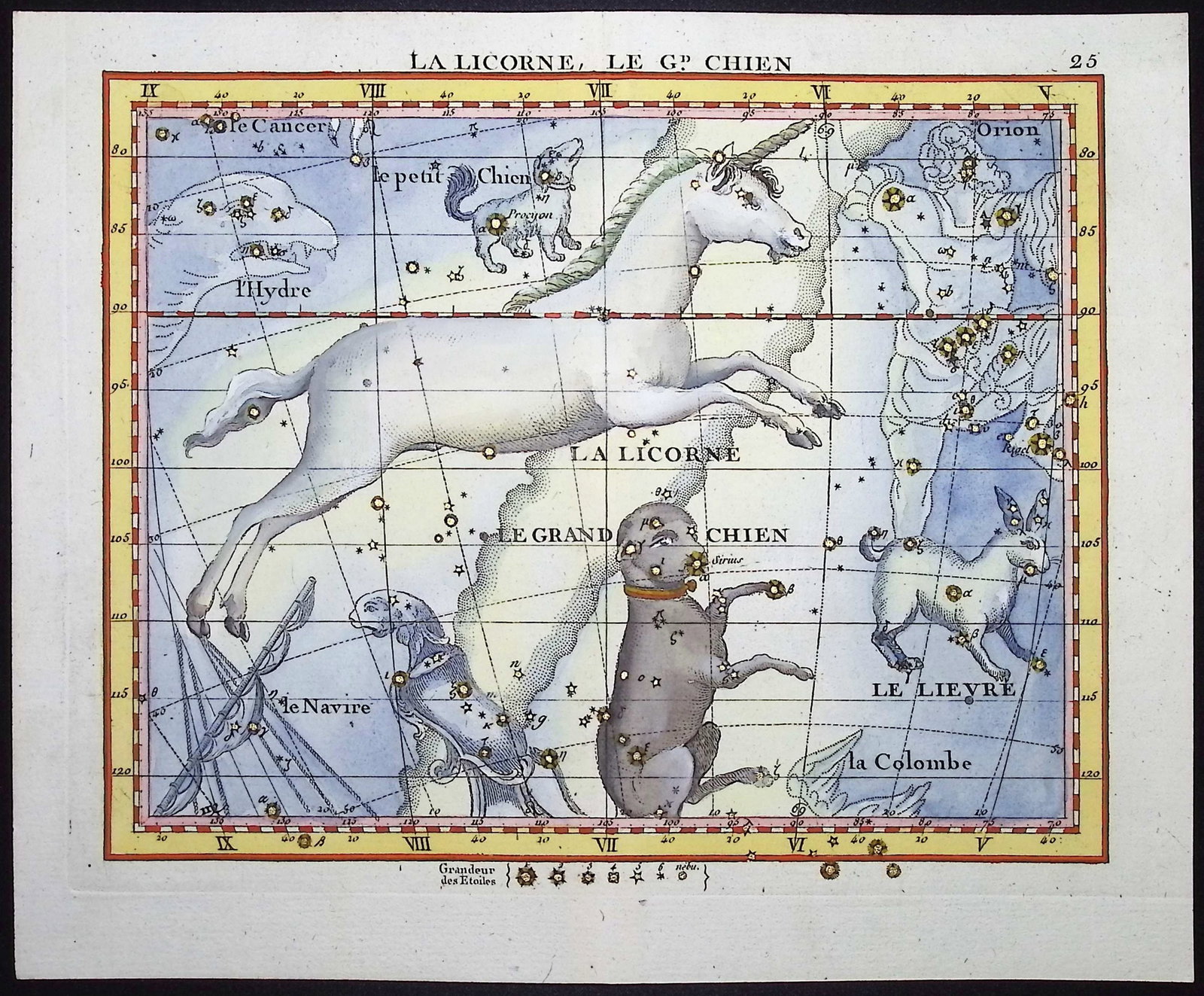 Flamsteed - Constellation or Celestial Chart of Unicorn, Dog: This captivating celestial engraving is from John Flamsteed's Atlas Celeste. The work was published in Paris by J. Fortin and F. G. Deschamps in 1776. Each engraving has been splendidly hand-colored w