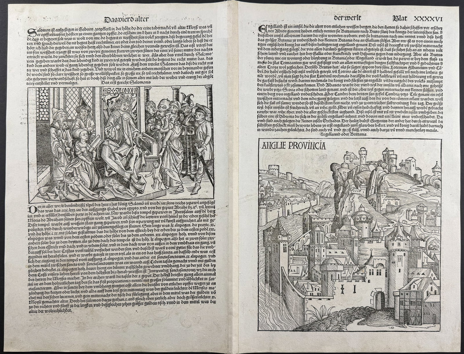 Schedel, pub. 1493 - Judgement of Solomon & English Town / Verso: Lineage of Christ: This important and historic engraving is from Hartmann Schedel Liber Chronicarum, more commonly known as the Nuremberg Chronicle (in German: Das Buch der Croniken und Geschichten. This is from the fir