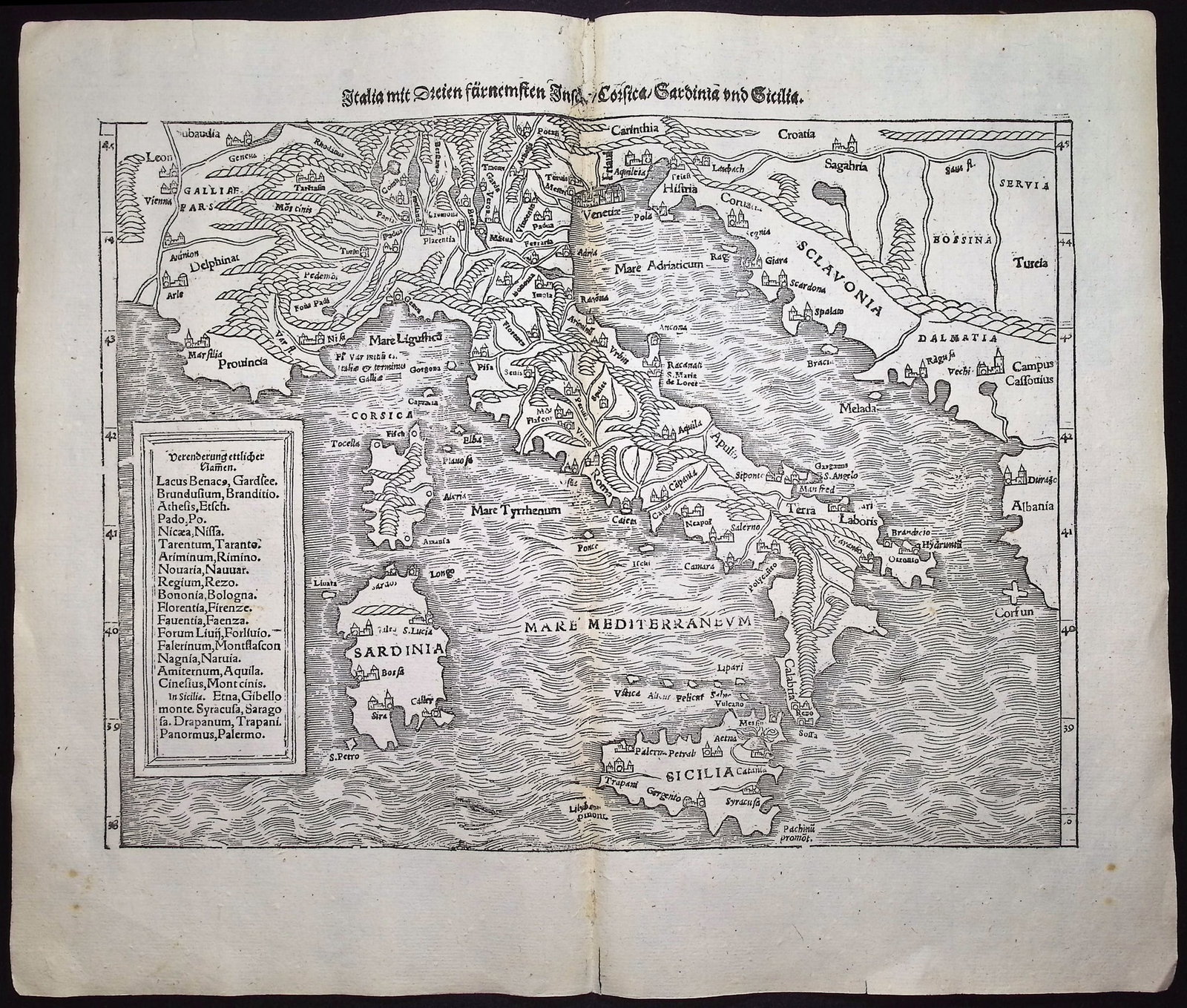 Munster, pub. 1574 - Map of Italy with Corsica, Sardinia, Sicily (1 of 2)